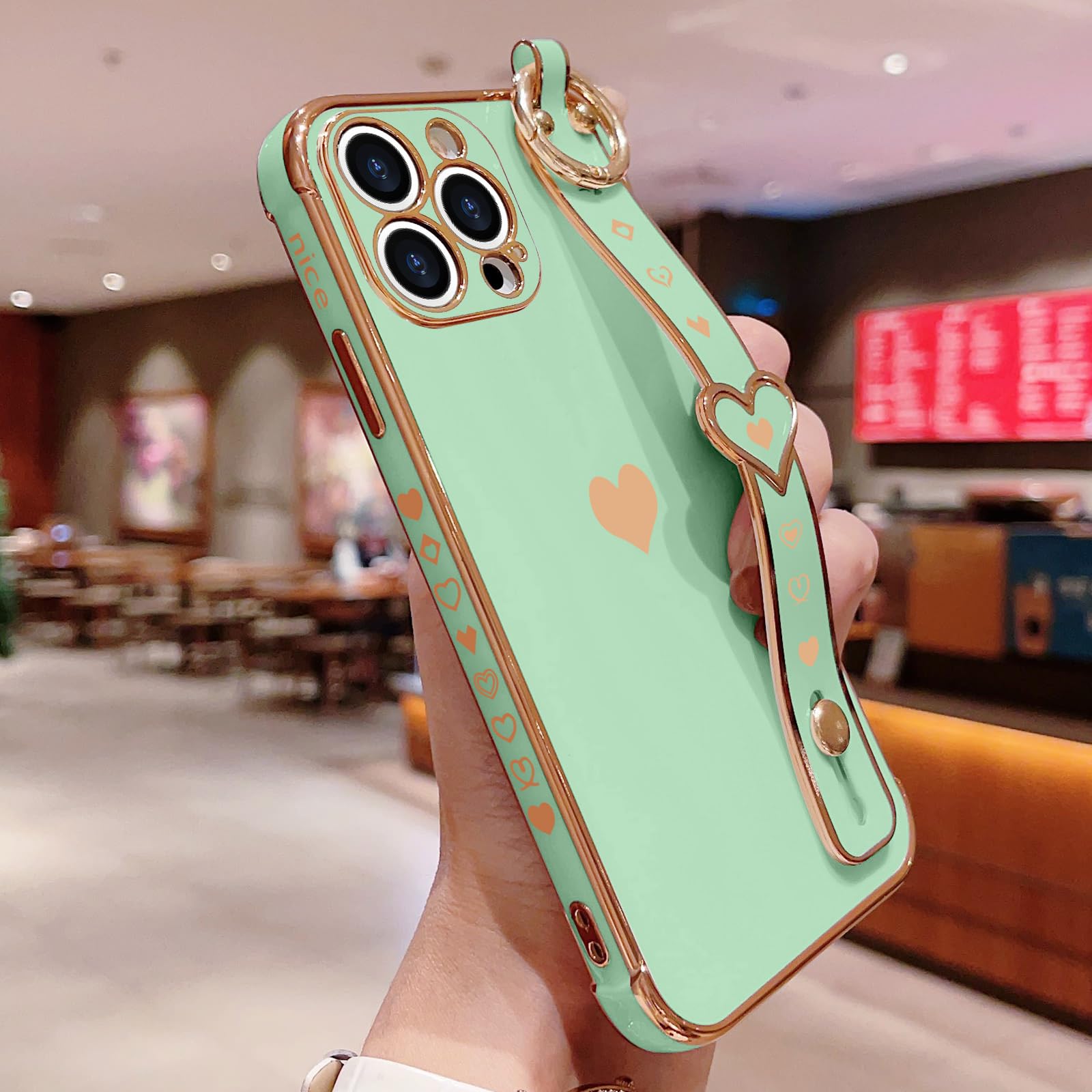 Llz.Coque For Iphone 12 Pro Case Cute Love Heart Plating Strap Phone Cover For Women Girls Bling Soft Silicone Camera Lens Prote