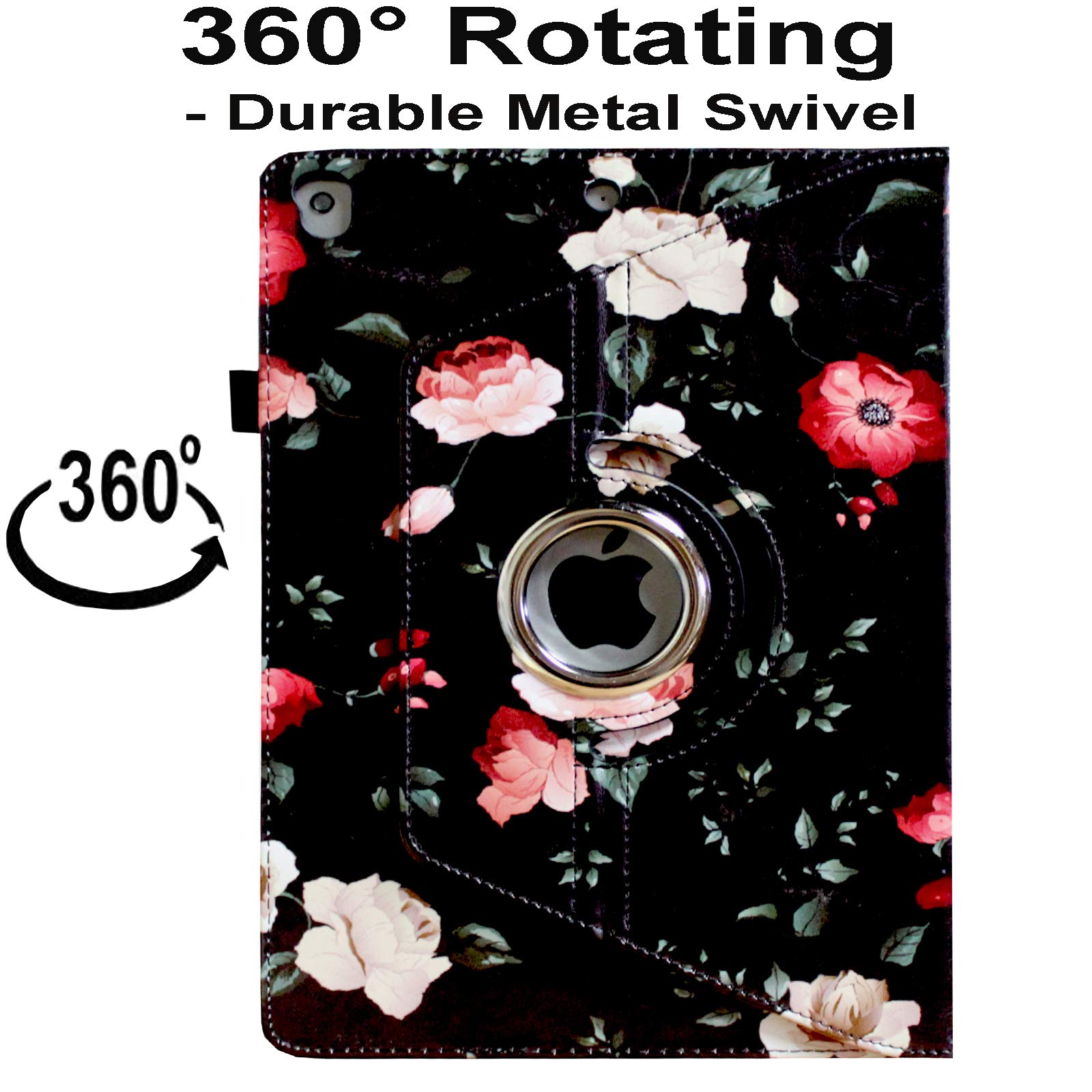 Jytrend Case For Ipad 9.7 (2018) 6Th/(2017) 5Th Generation, Ipad Air 1(2013)/Air 2(2014), 360 Rotating Multi Angle Viewing Stand Smart Cover With Pocket/Pen Holder, Auto Wake Up/Sleep (Black Flower)