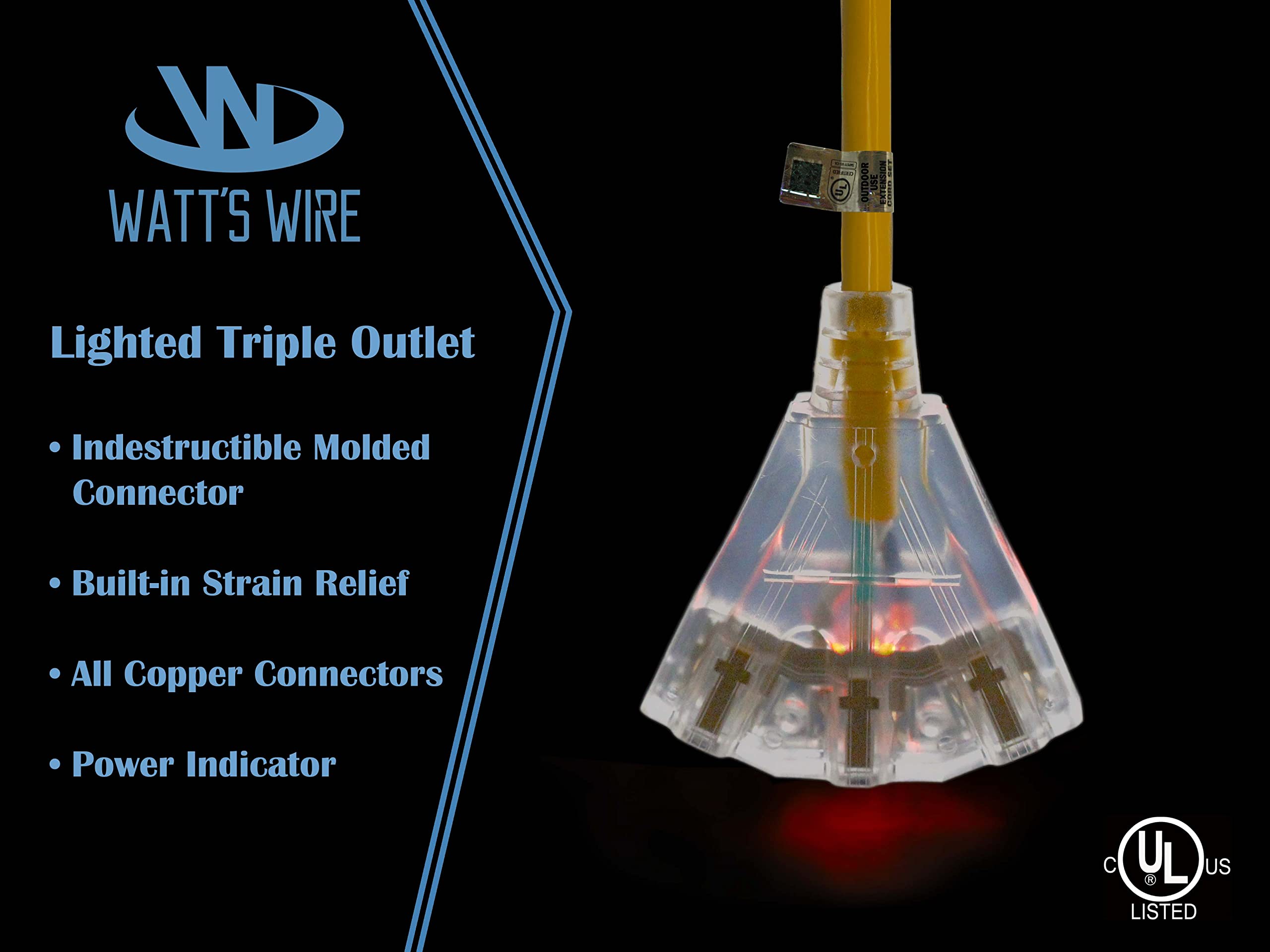 50 Ft   Gfci 12 Gauge Heavy Duty Extension Cord   3 Outlet Sjtw   Indoor/Outdoor Extension Cord By Watt'S Wire   50' 12 Gauge Gr