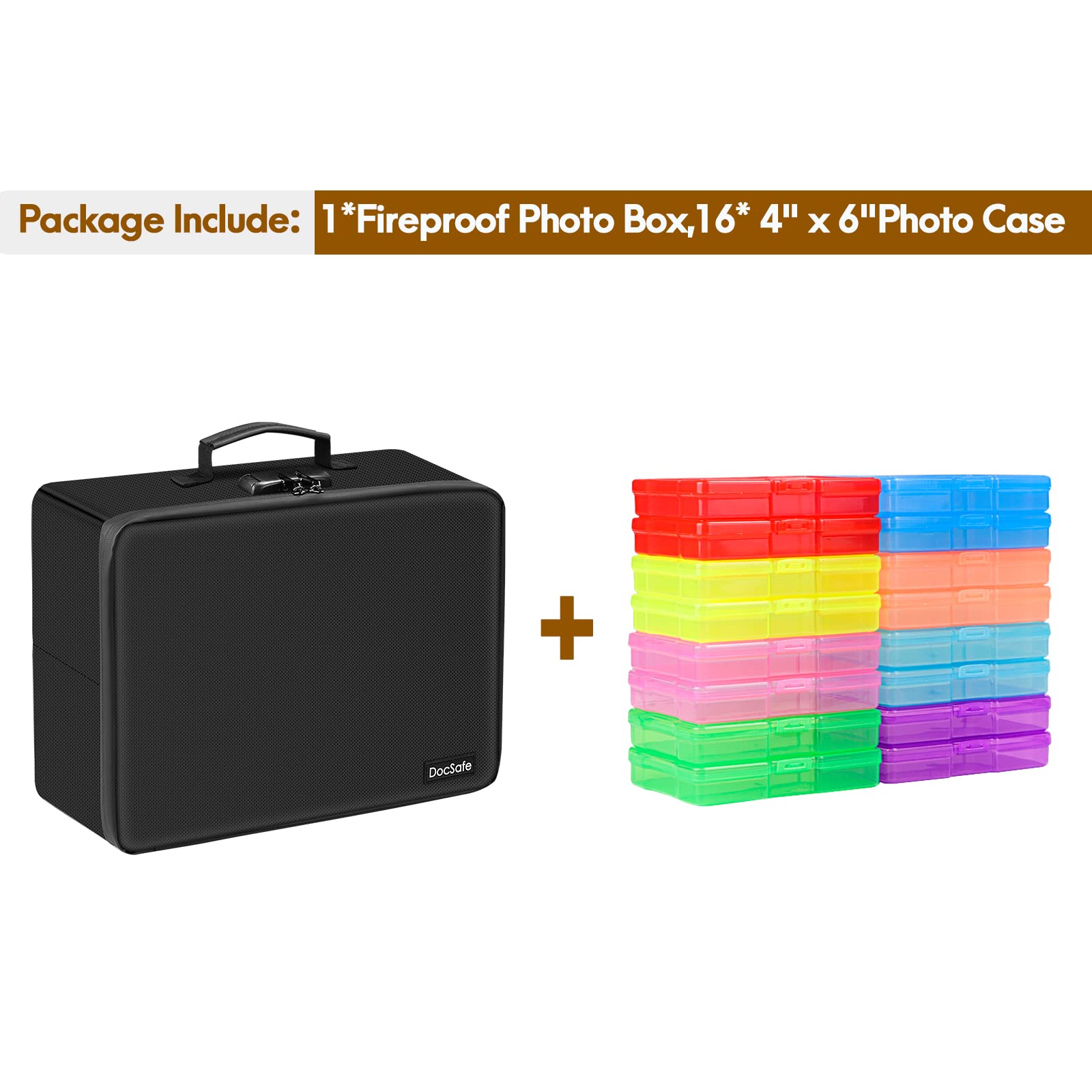 Docsafe Photo Storage Box With Lock,Fireproof Photo Organizer Box With 16 Inner 4'' X 6'' Photo Case(Multi Colored),Collapsible