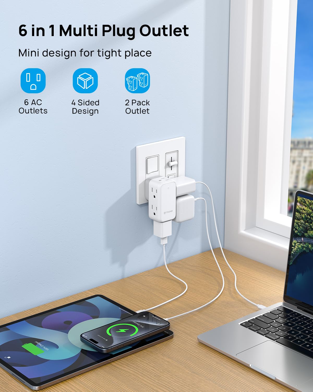 Trond Wall Outlet Extender 2 Pack   Multi Plug Splitter With Rotating Plug, 6 Ac Power Adapter, Cruise Essentials, Small Outlet