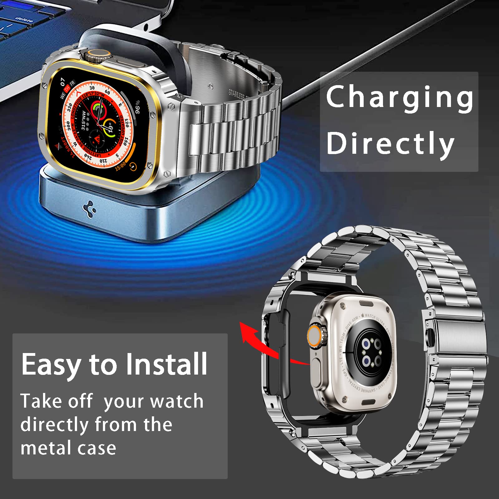 Miohhr Stainless Steel Band And Case Compatible With Apple Watch Band 49Mm, Men Metal Protective Bumper Cover For Iwatch Ultra 2