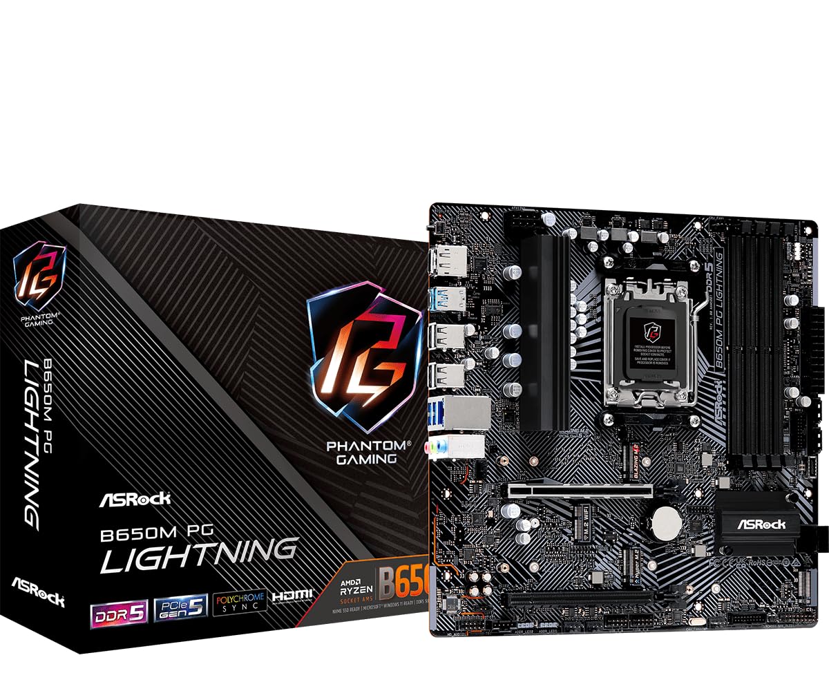 ASRock B650M PG Lightning AMD Socket AM5 Ryzen9000/8000/7000 Series Processors DDR5 7200+ MHz (OC) HDMI DisplayPort B650 Micro A
