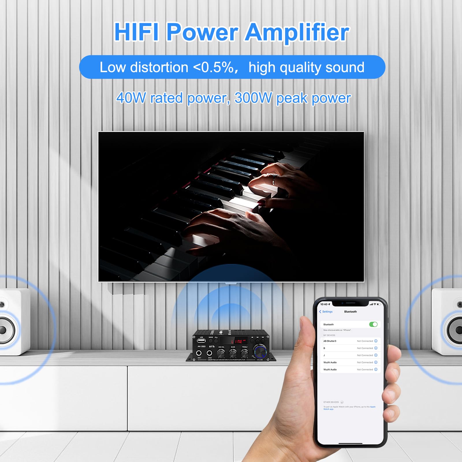 Stereo Amplifier Receiver For Home Speakers, Ak 390 Bluetooth5.0 Hifi Mini Audio Amp 2.0 Channel Rms 40W X 2 Audio Component Amp