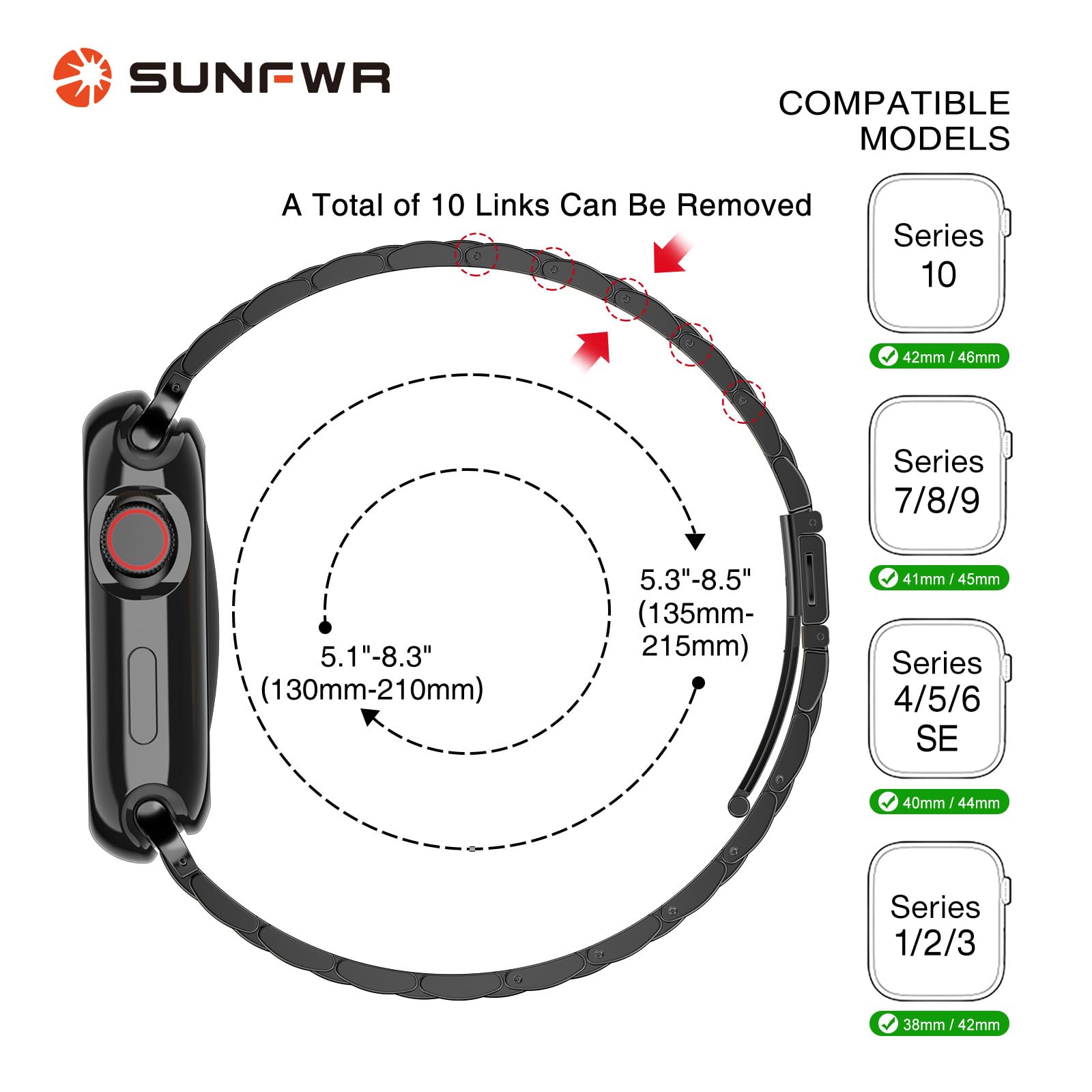 Sunfwr Compatible With Apple Watch Band 49Mm 45Mm 44Mm 42Mm 41Mm 40Mm 38Mm For Men Women, Stainless Steel Metal Iwatch Band With