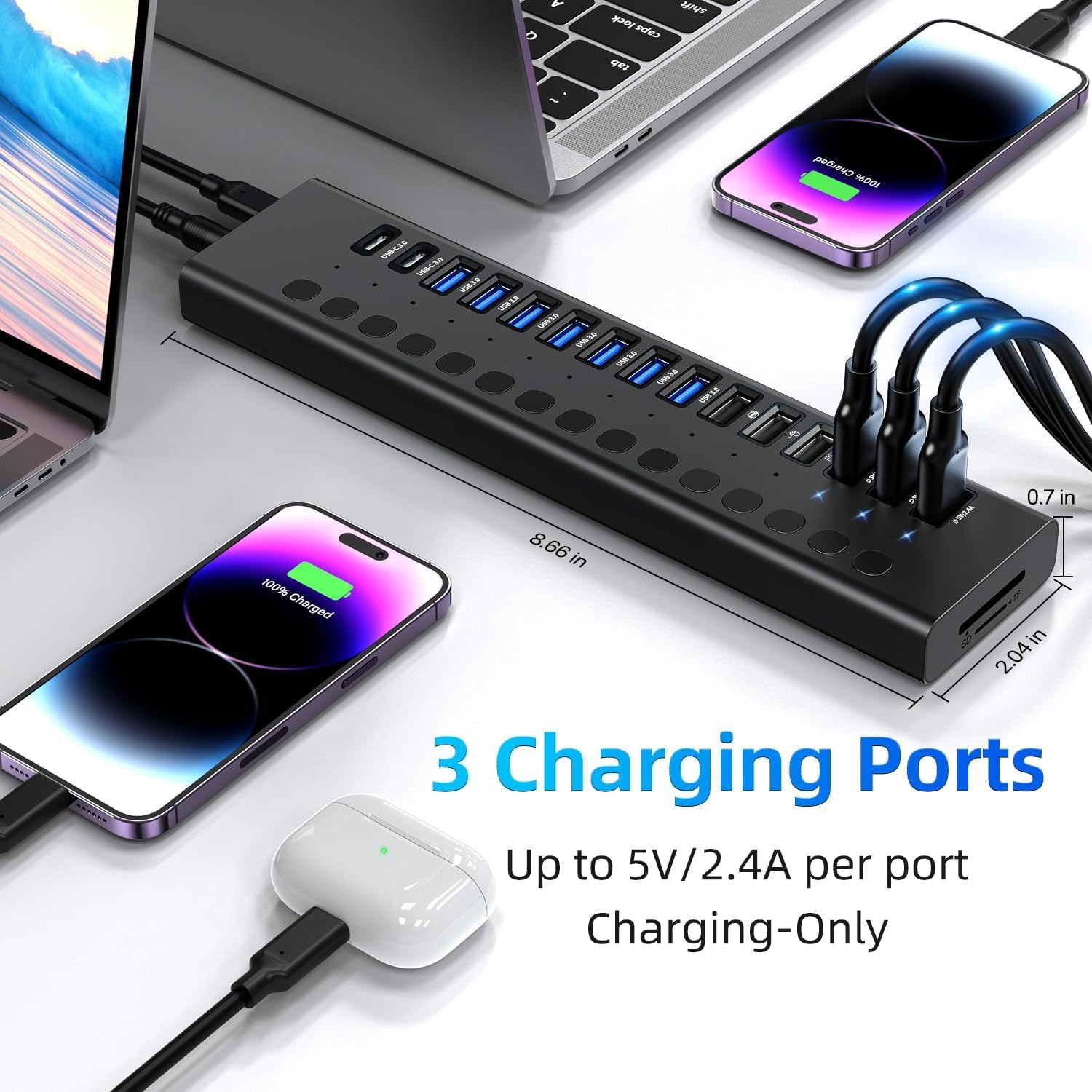 Powered Usb Hub, Vangree 17 Port Usb Splitter (7 Usb 3.0 Ports+3 2.4A Charging Ports+3 Usb 2.0 Ports+2 Usb C 3.0 Ports+Sd/Tf Car