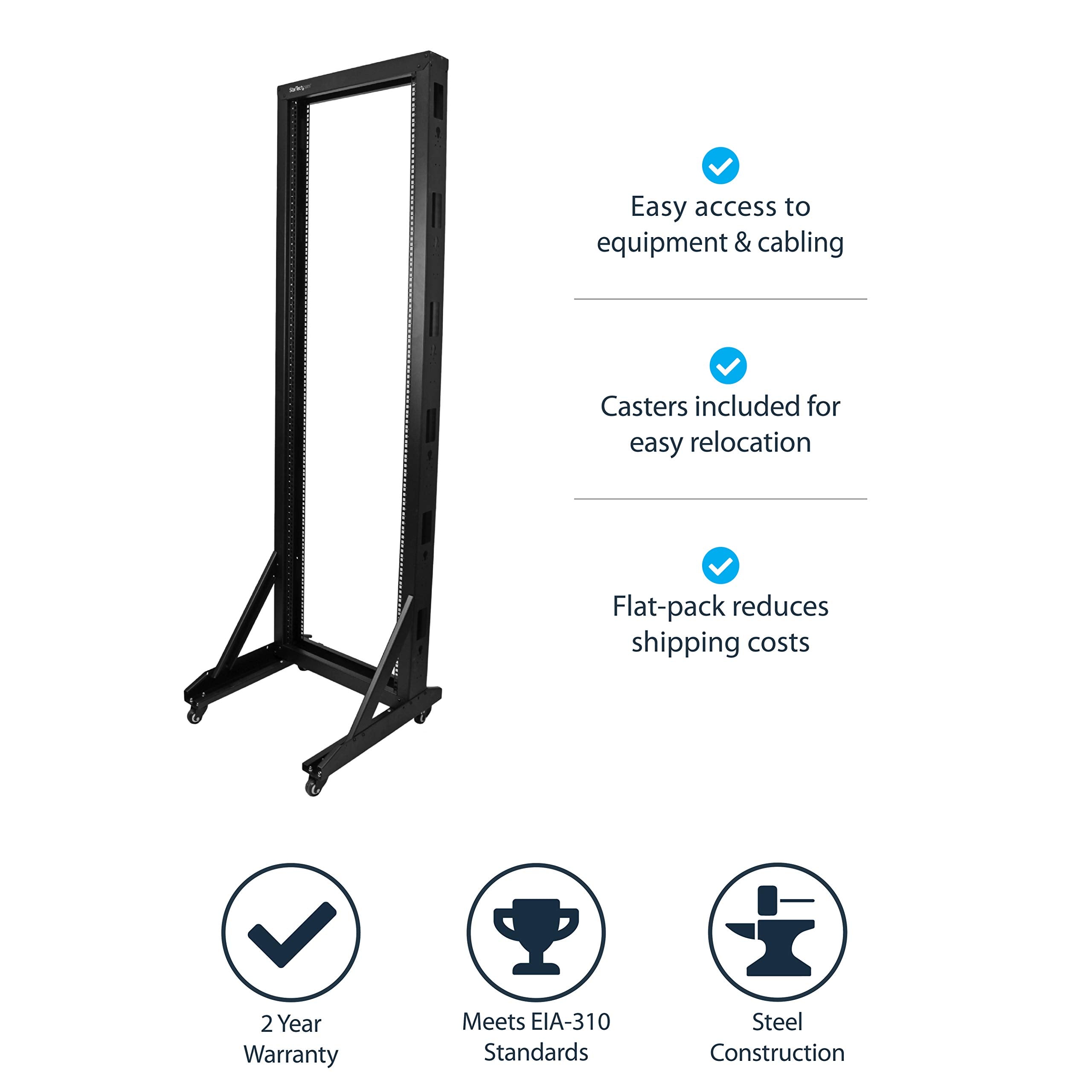 Startech.Com 2 Post 42U Mobile Open Frame Server Rack, Two Post 19In Network Rack With Casters, Rolling Open Rack For Av/Data/It