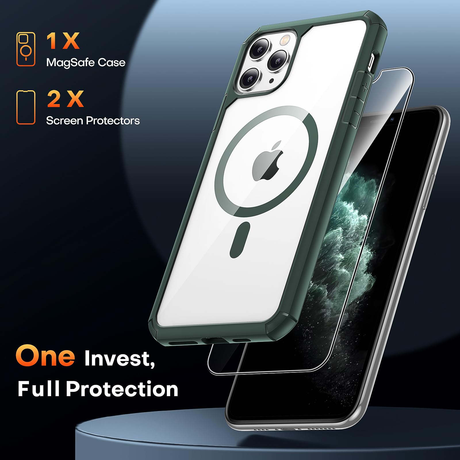 Tauri 3 In 1 Magnetic For Iphone 11 Pro Max Case, With 2X Hd Screen Protector, 10 Ft Drop Protection, Compatible With Magsafe Ca