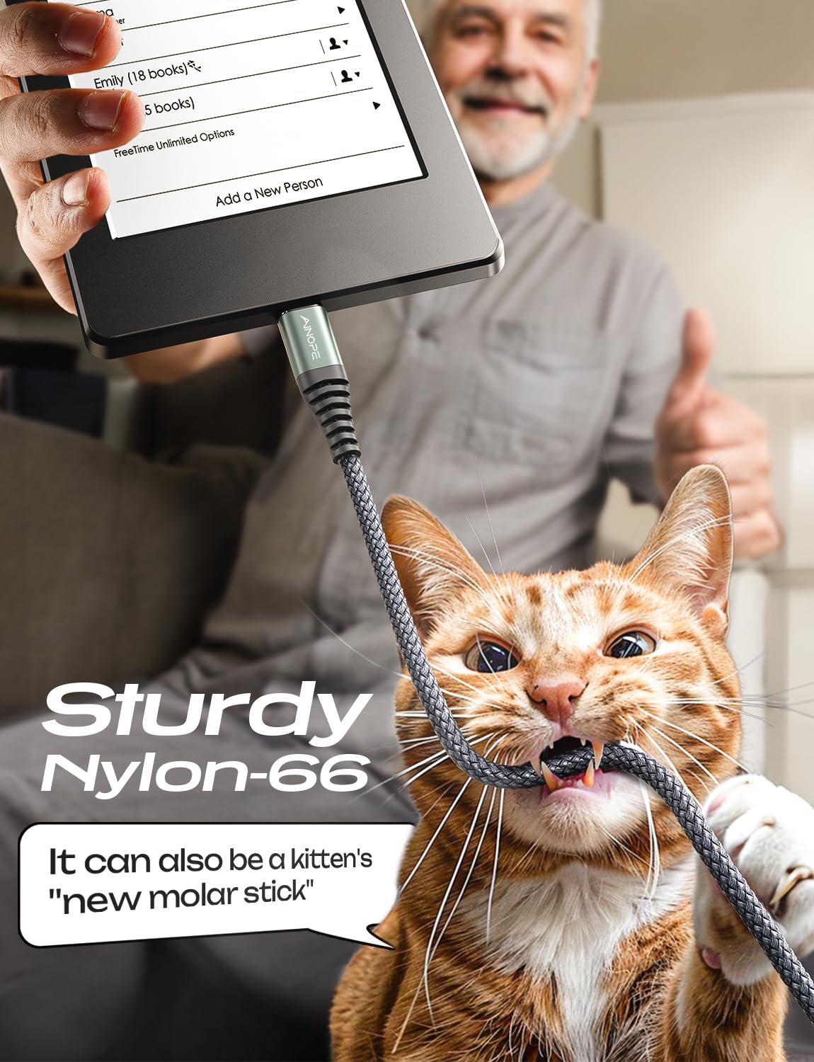 Ainope Micro Usb Cable For Kindle [2Pack,6.6Ft], Unbreakable Usb Micro Cable Kindle Charger Cord Replacement, Nylon Micro Usb Ch