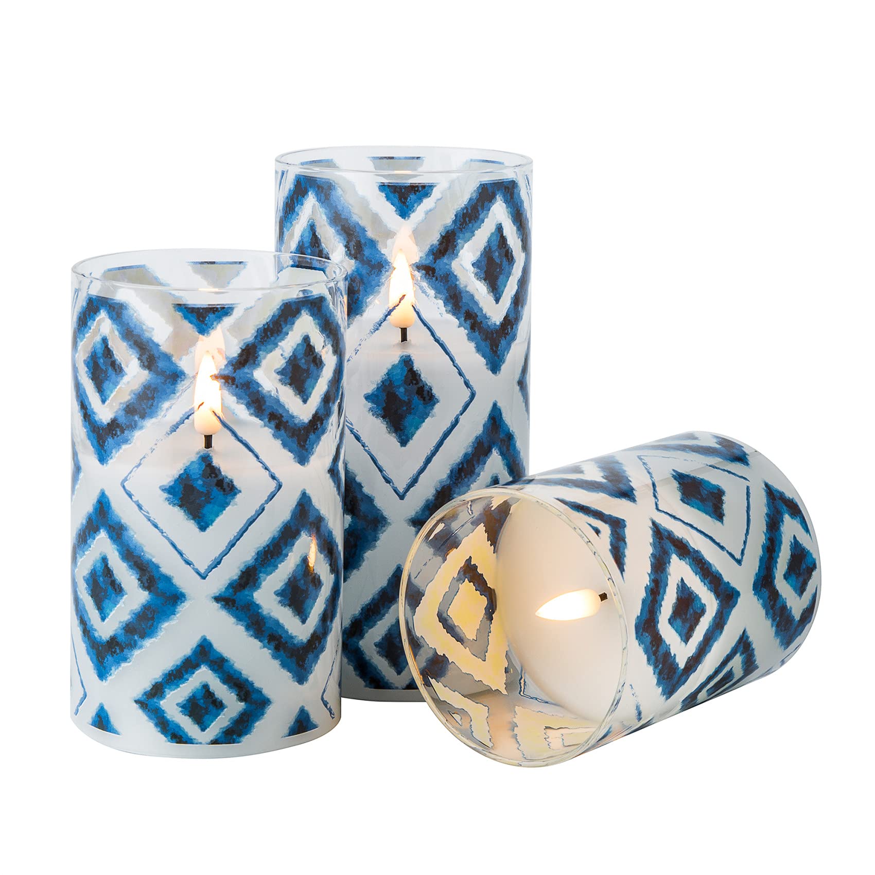 Eywamage Blue Geometric Flameless Candles In Glass Jars, Flickering Battery Led Pillar Candles With Remote Set Of 3