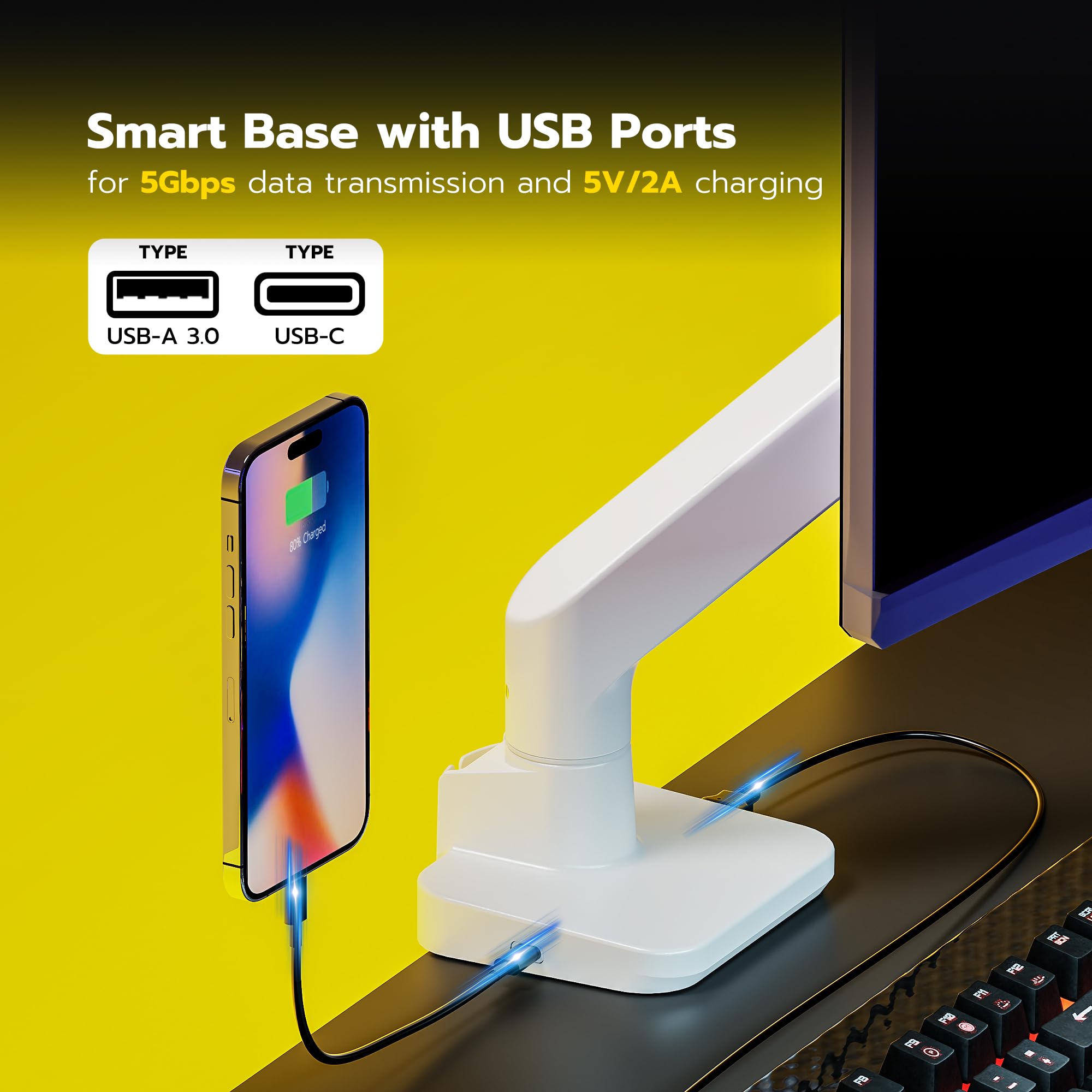 Ares Wing Single Monitor Mount With Usb A/C, Heavy Duty Monitor Arm For 17 To 49 Inch Ultrawide Monitor, Holds 44 Lbs, Adjustabl