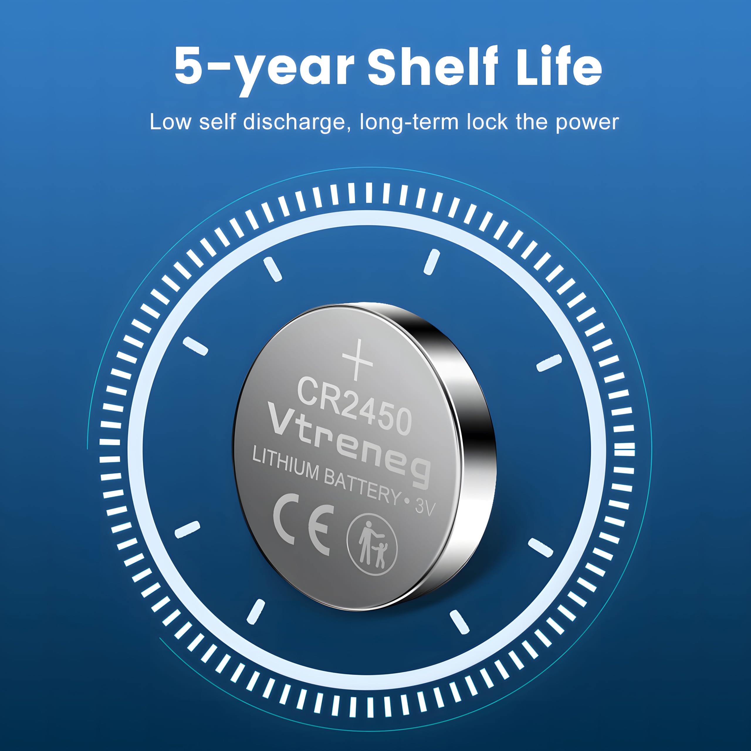 Vtreneg Cr2450 Battery 5 Pack, High Capacity Cr2450 3V Lithium Coin Cell Battery, Child Safety Package, Compatible With Key Fob,
