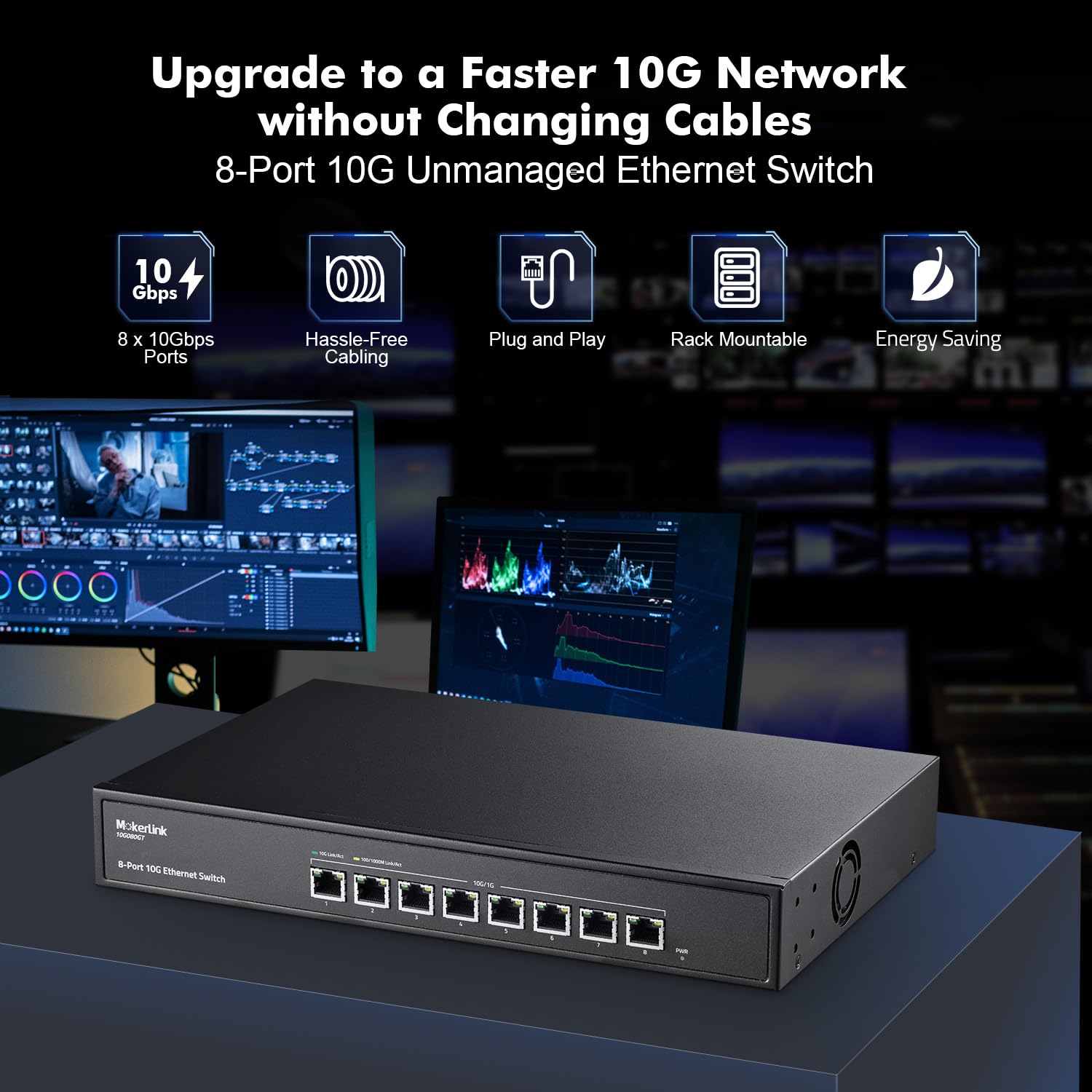 Mokerlink 8 Port 10Gbps Etheret Switch, Support 10G/5G/2.5G/1000M/100M Auto Negotiation, 160Gbps Bandwidth Unmanaged Plug And Pl