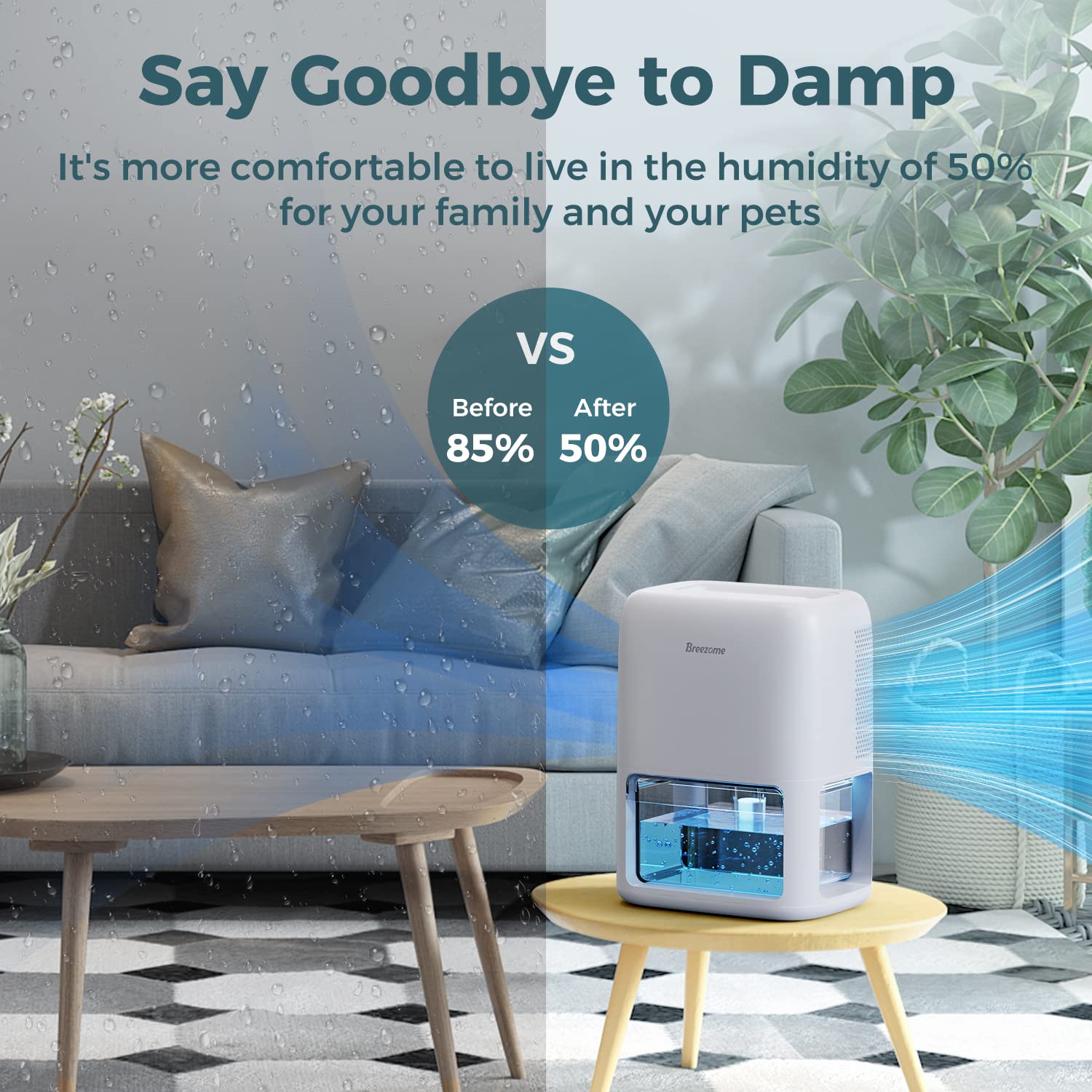 BREEZOME 60 OZ Dehumidifier, Large White Quiet Dual-Semiconductor, Timer & Auto-Off, Portable for Home, RV, Model MCS008