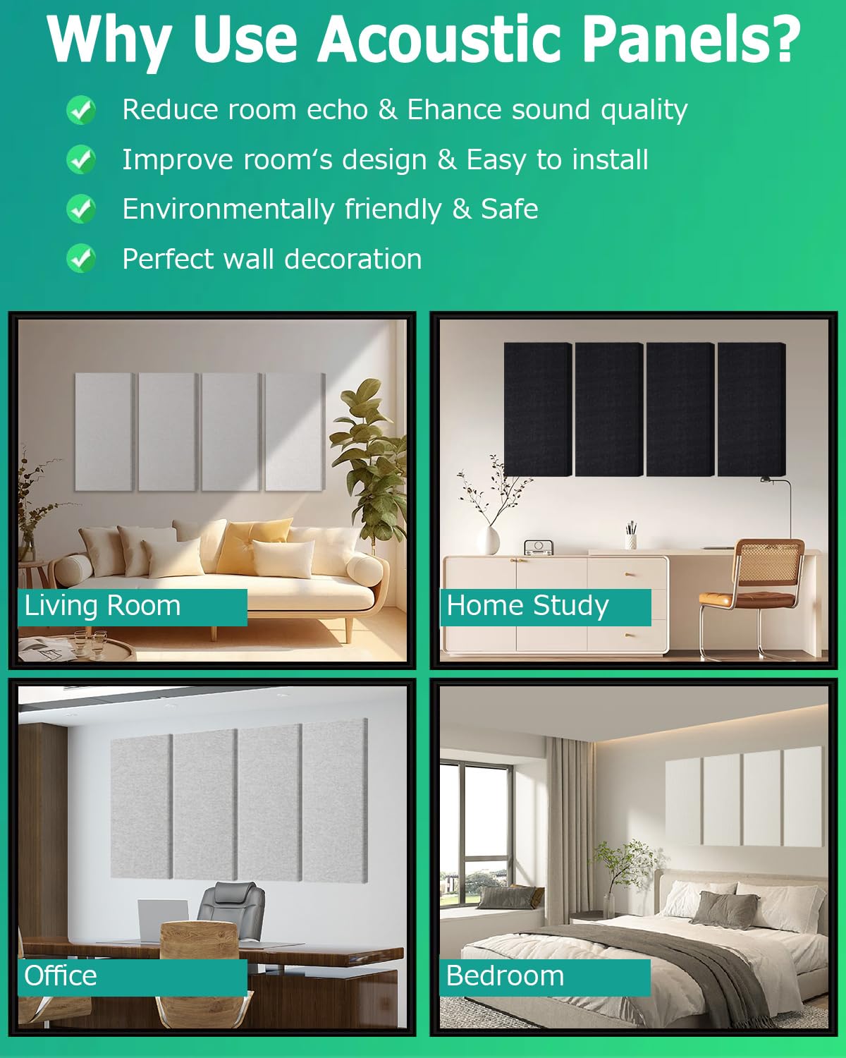 Bubos 4 Pcs Acoustic Panels,24''X12'' Fabric Soundproof Wall Panels,Self Adhesive Sound Absorbing Panels For Studios, Office, Ho