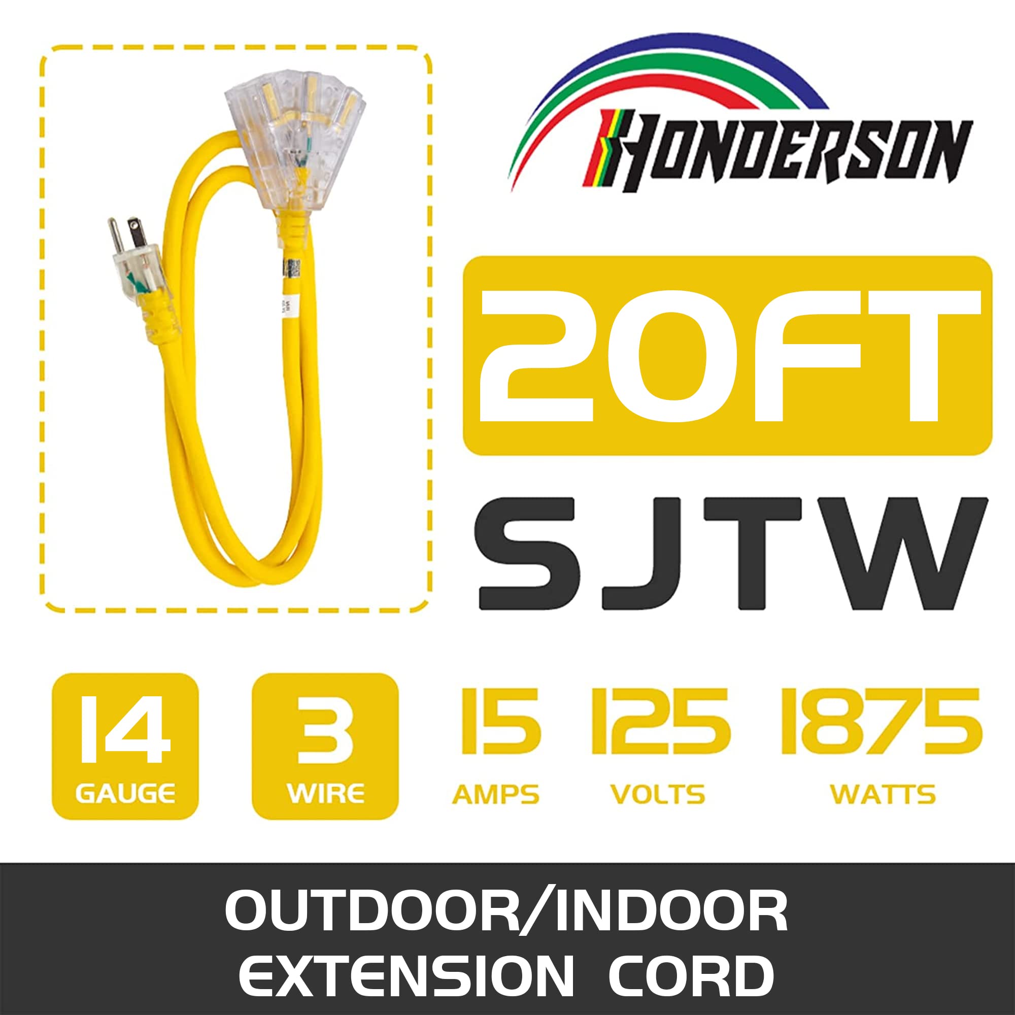 Honderson 20Ft Lighted Outdoor Extension Cord With 3 Power Outlets,14/3 Sjtw Heavy Duty Yellow Extension Cord For Christmas Ligh