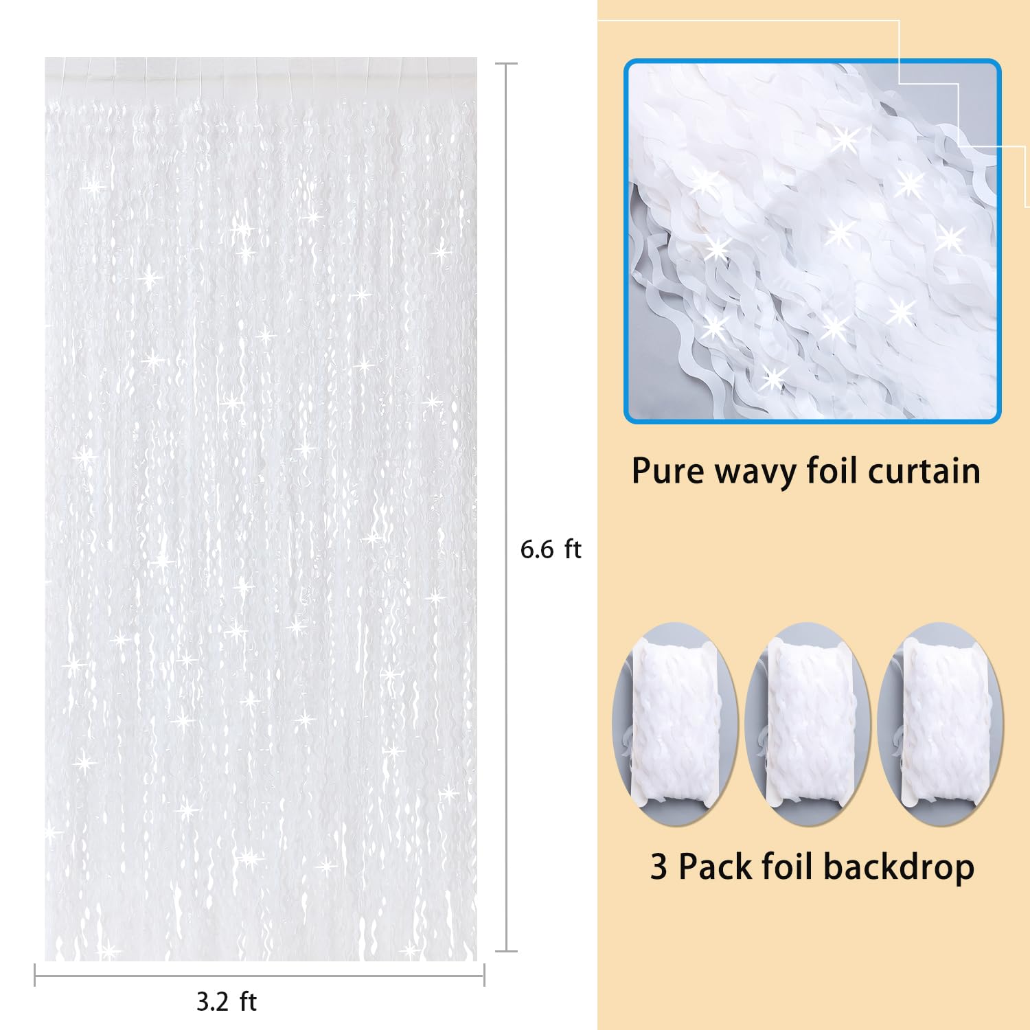 3Pcs Wavy White Metallic Tinsel Curtain Foil Fringe Backdrop,3.3 Ft X 6.6 Ft Streamer Photo Booth Props For Party Door Wall Curt