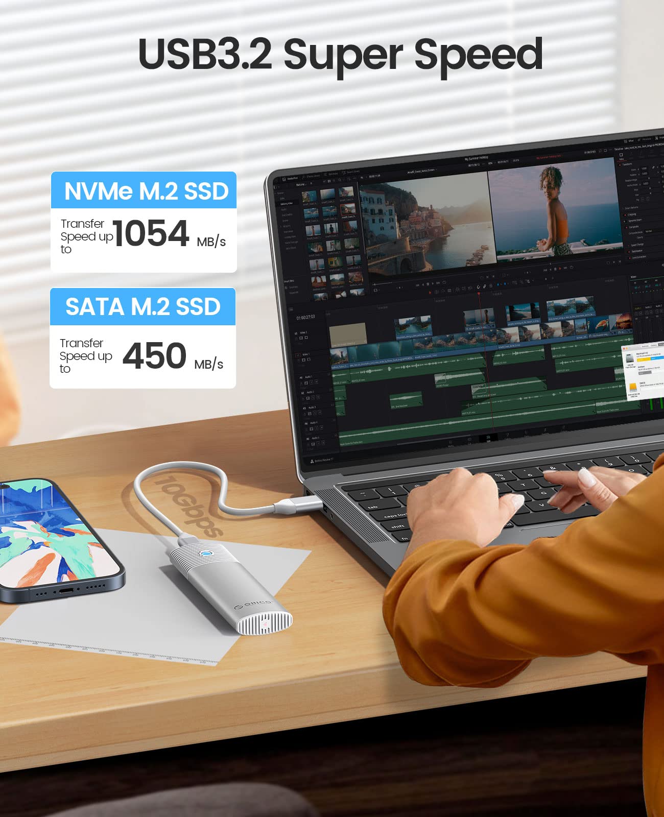 ORICO M.2 NVMe SATA SSD Enclosure Adapter Tool Free, USB C 3.2 Gen 2 10Gbps NVMe, 5Gbps NGFF SATA PCIe M Key(B+M Key) 2230/2242/2260/2280, Aluminum External M2 Reader Support UASP Trim WH(G2A)