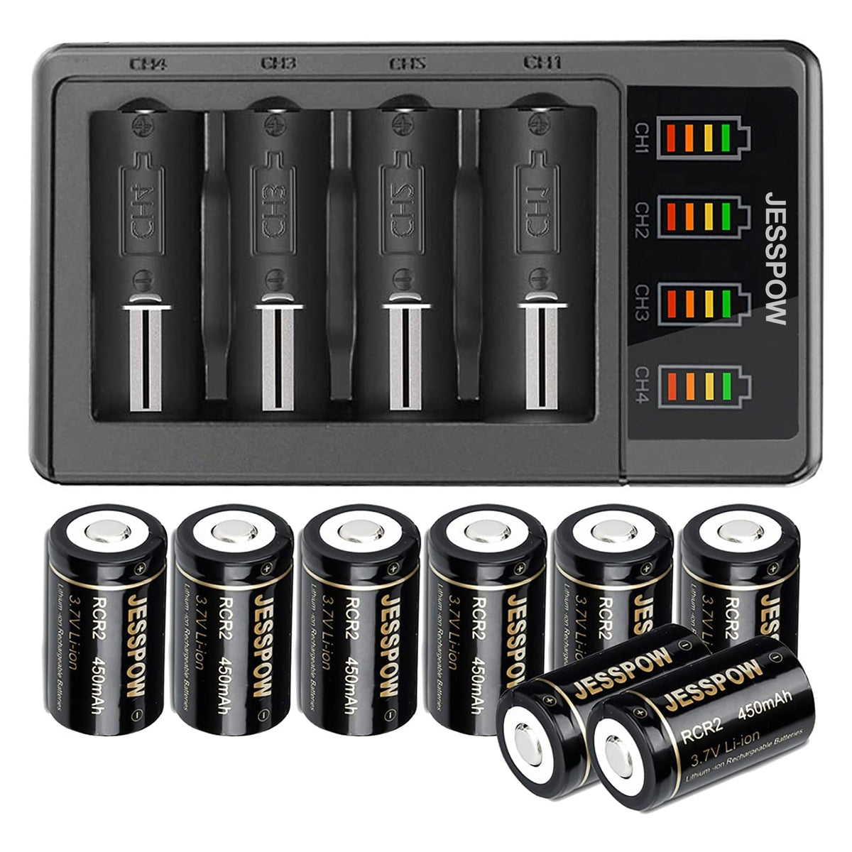Cr2 Rechargeable Batteries And Charger, 450Mah 3.7V Cr2 Battery, 8 Pack Rcr2 Rechargeable Batteries For Golf Rangefinder, Telesc