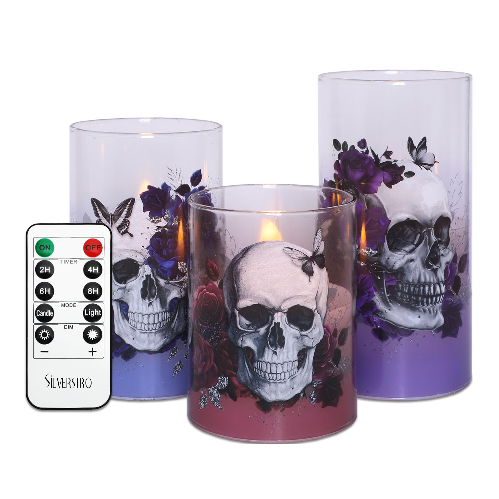 Silverstro Gothic Skull Flameless Candles Set with Remote Control Timer Function, 3-Piece Horror Theme Halloween Decorative Cand