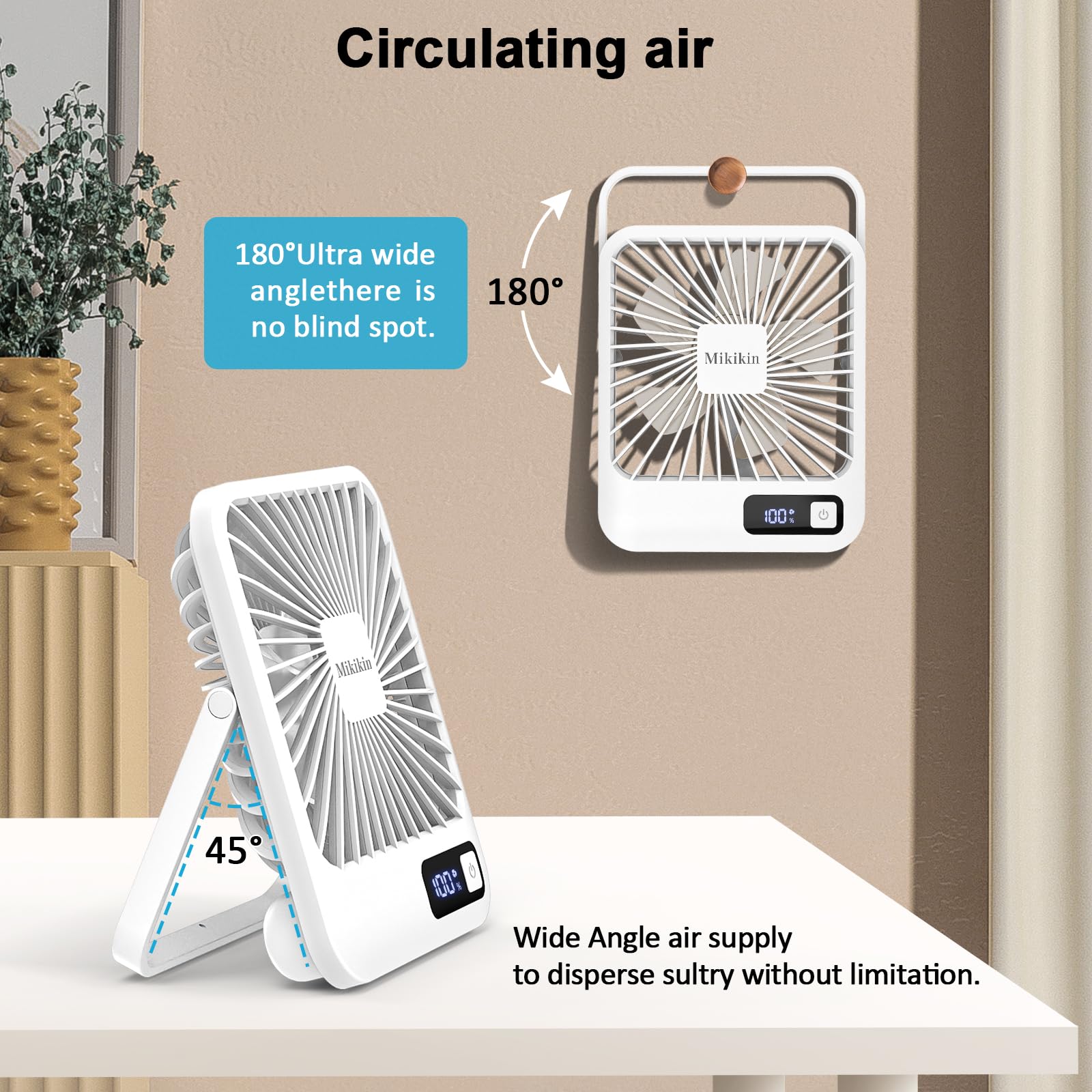 Mikikin Table Fan Battery Rechargeable Fan, 2000Mah 180 Foldable Portable Personal Fan With Power Display, Ultra Quiet Desktop F