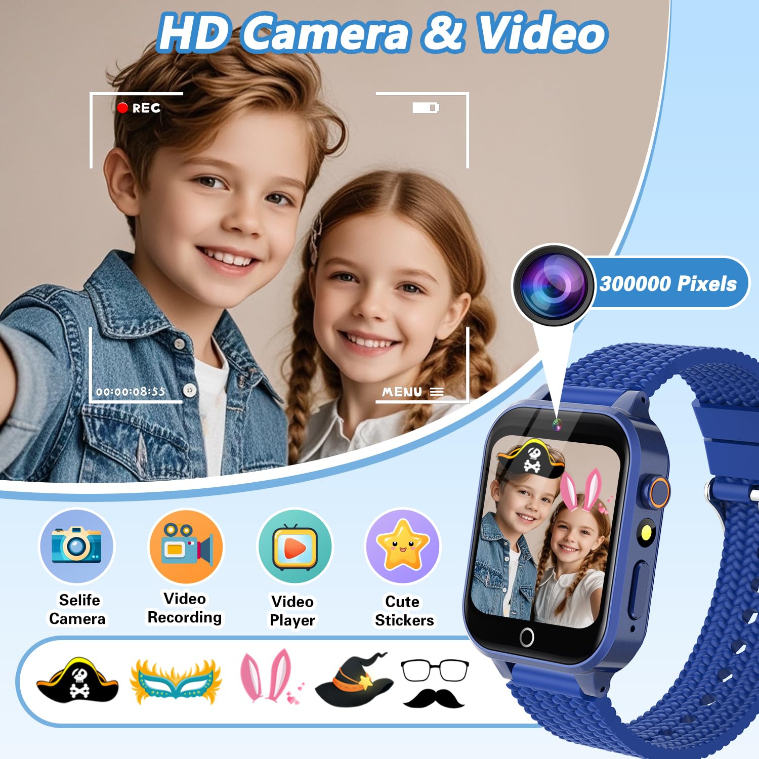 Smart Watch For Kids Boy Gift Ages 3-12, 2 Screen Protector, 26 Puzzle Games, Hd Camera Video Music Player Touchscreen Pedometer