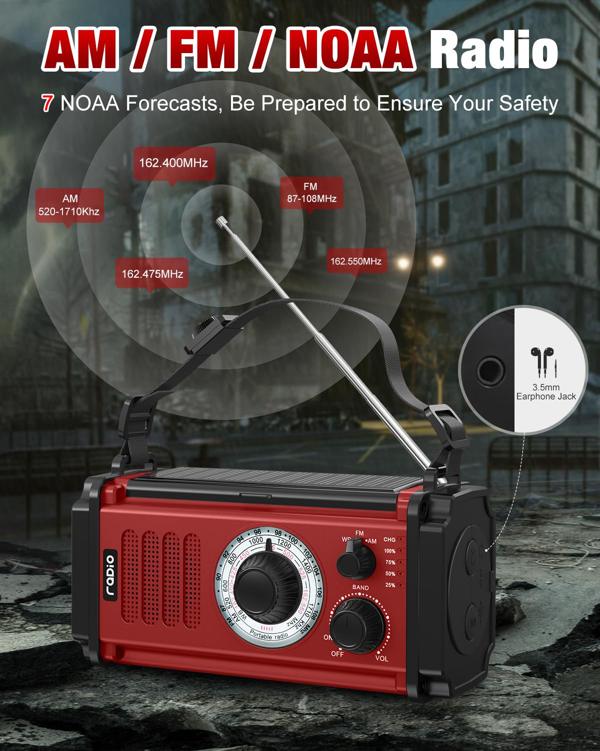 Emergency Radio, Hand Crank Radio, Solar Radio, Am Fm Noaa Weather Radio, 4 Charging Methods, Torch & Led Reading Light, Sos Ala