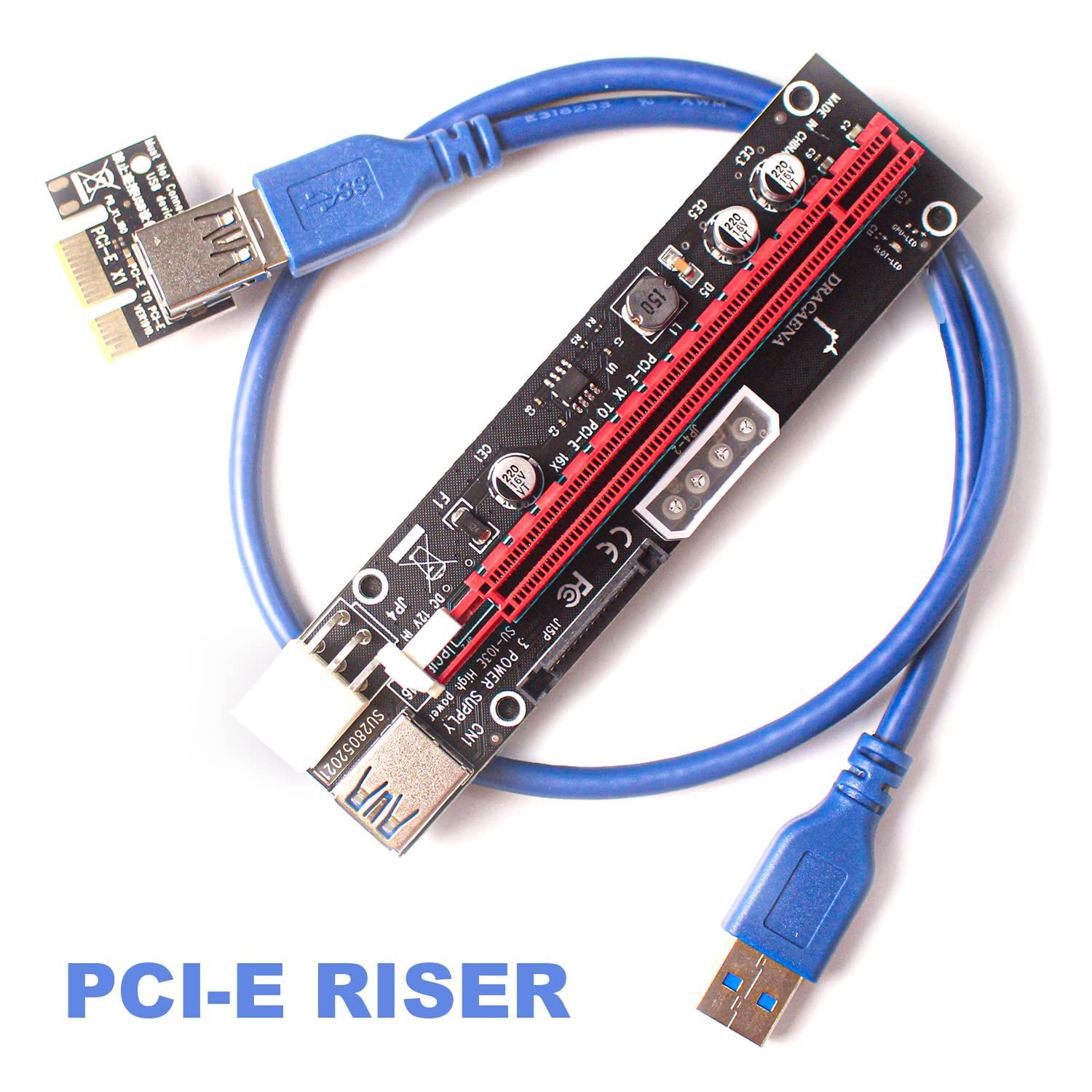 Dracaena 2 Pack Pcie Riser Adapter Card For Gpu Crypto Mining16X To 1X (6Pin/ Molex/Sata Powered) Led Status + 60Cm Usb 3.0 Cabl