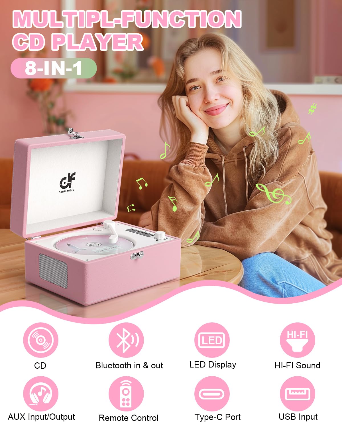 DANFI AUDIO DF CD Player Retro Bluetooth Portable Boombox - Light Pink, Small, Rechargeable, LED Screen, Model CD-001