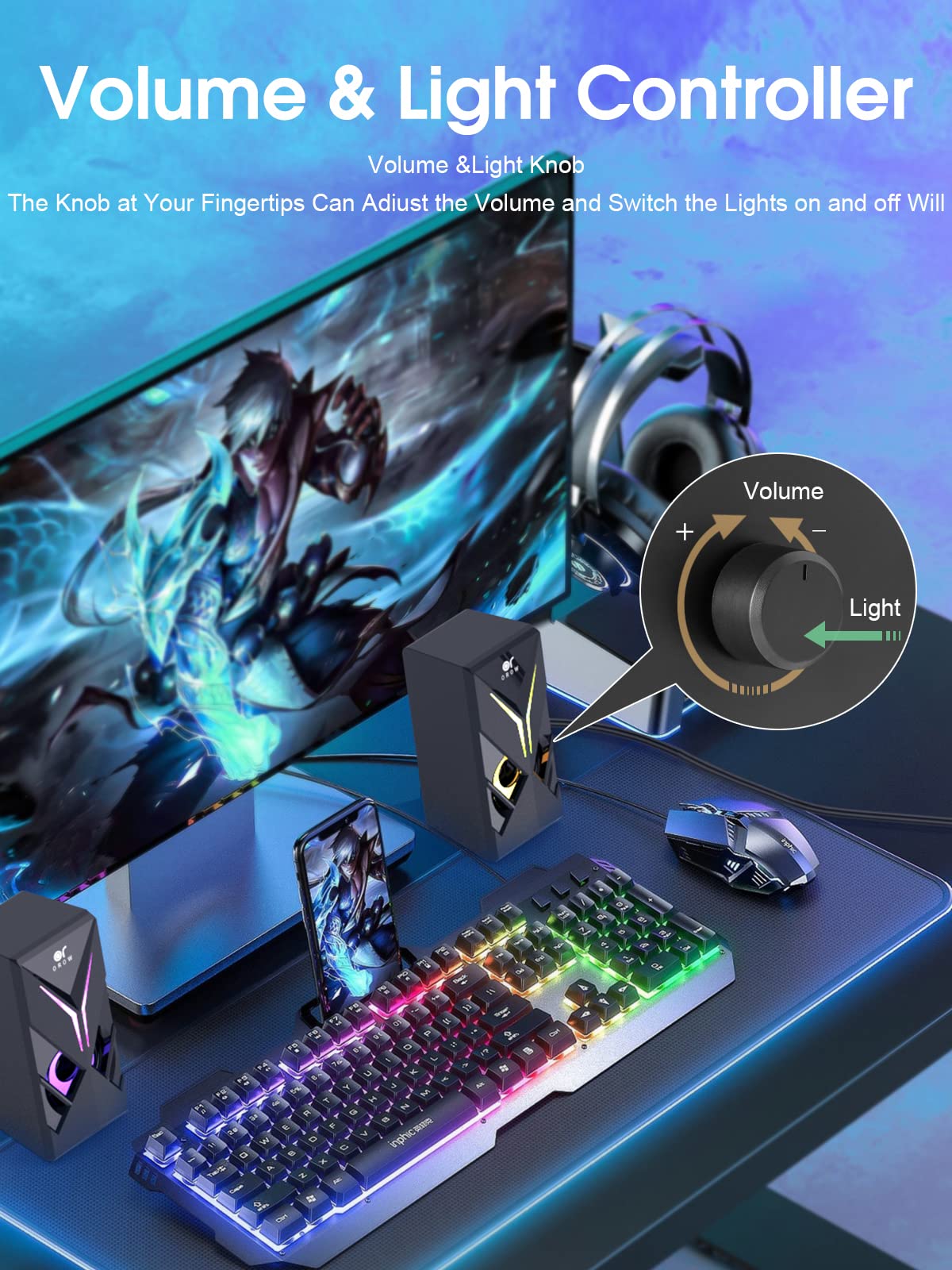 Orow Computer Speakers, Desktop Speakers With Various Colorful Led, 10W Gaming Speakers With Volume Control,Rgb Computer Speaker