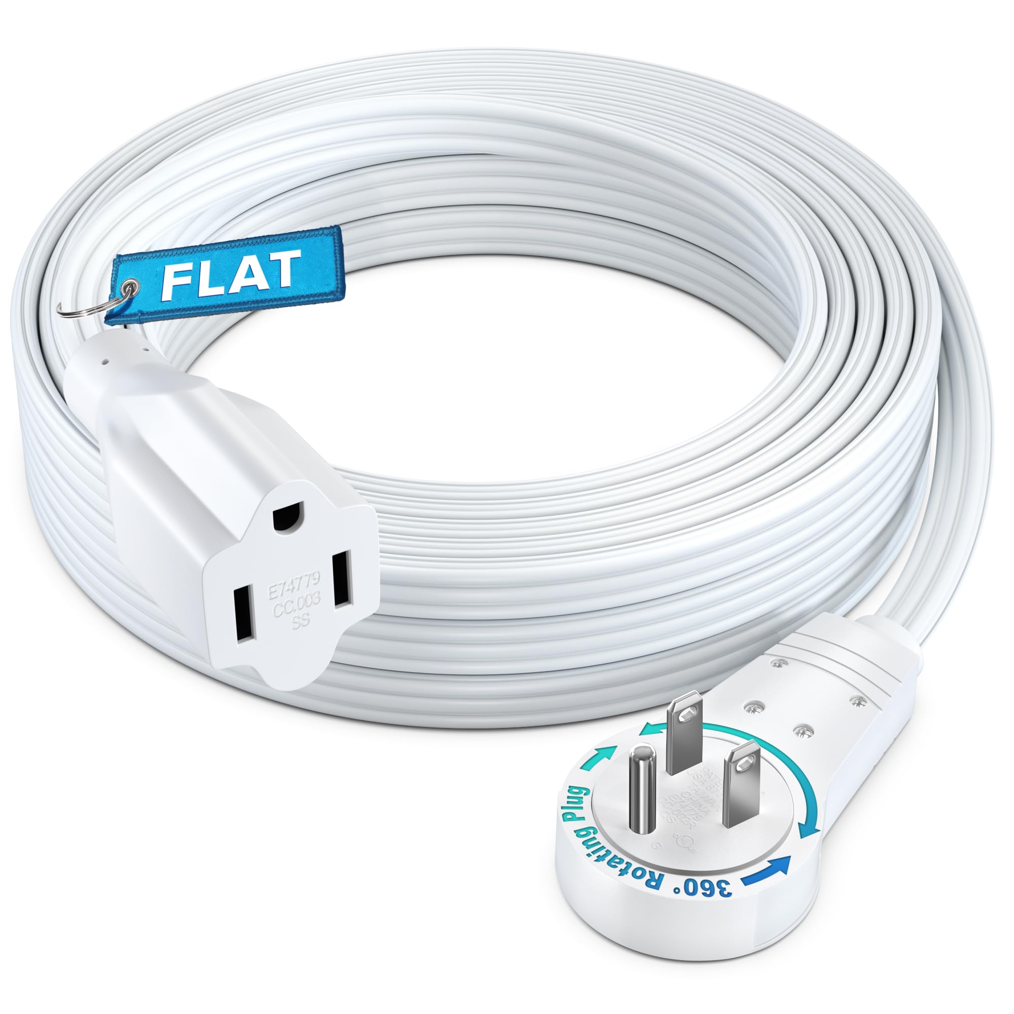 Maximm 360? Rotating Flat Plug Extension Cord 15 Feet Flat Extension Cord Under Carpet With Slim Space Saving Plug Design, Low P