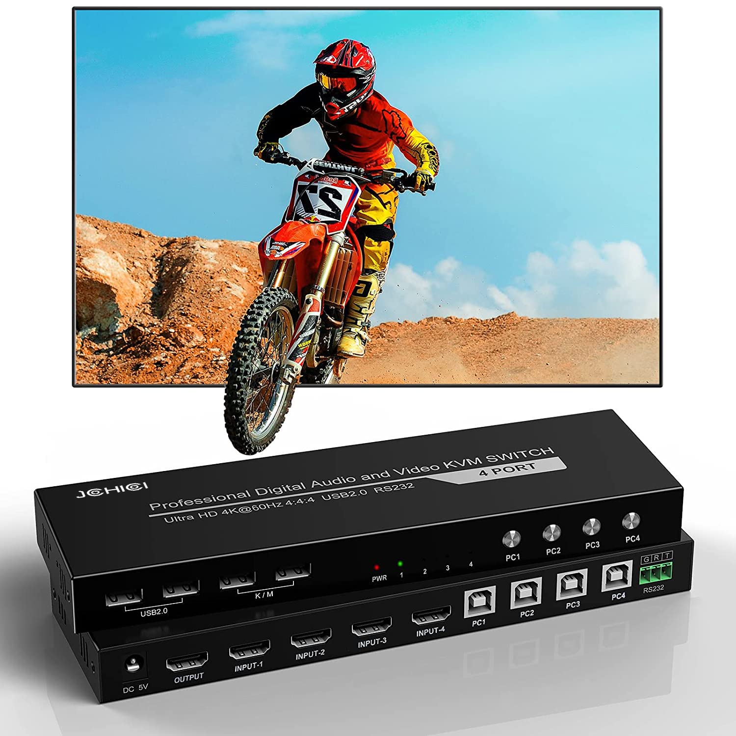 KVM Switch HDMI 4 Port, JCHICI 4K@60Hz USB KVM Switcher for 4 Computers Share 1 HD Monitor and a Set of Keyboard Mouse Printer U