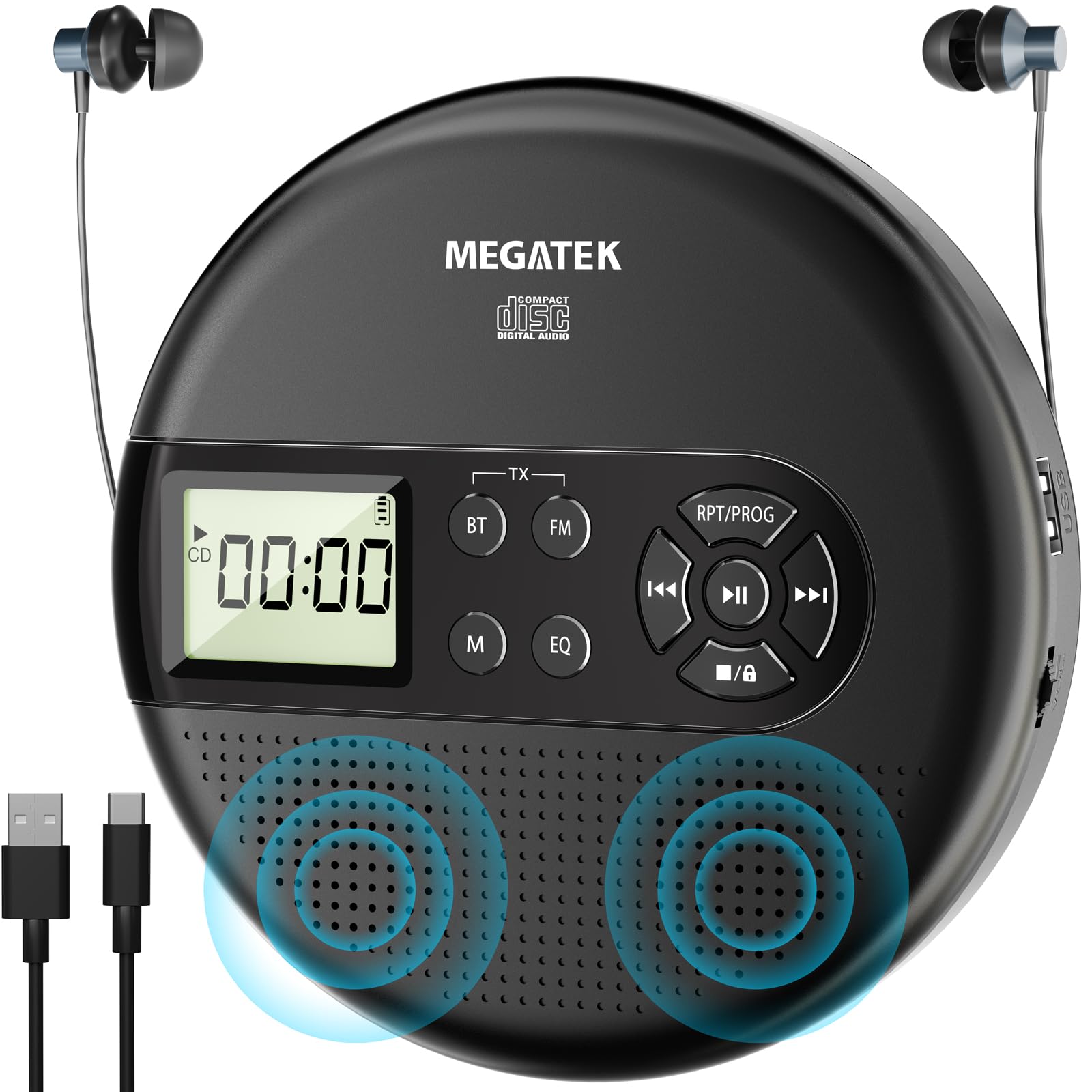 Megatek Portable Cd Player With Dual Stereo Speakers And 60 Seconds Anti Skip, Personal Walkman Cd Player For Car With Headphones, Usb Port, Bluetooth And Fm Transmitter, 2000Mah Rechargeable Battery