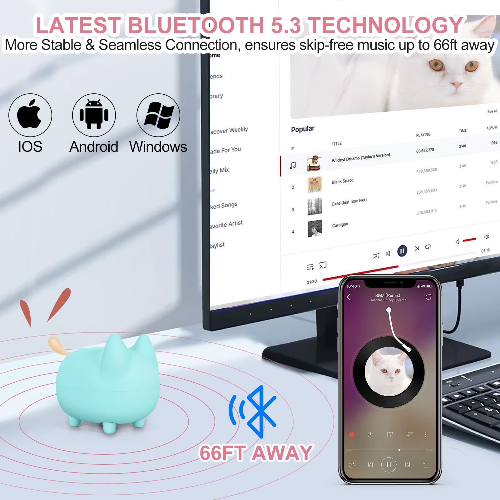 Svemei Small Bluetooth Speaker, Cute Cat Mini Wireless Speakers With Loud Stereo Sound, Built In Mic, Super Bass, Dual Pairing,4