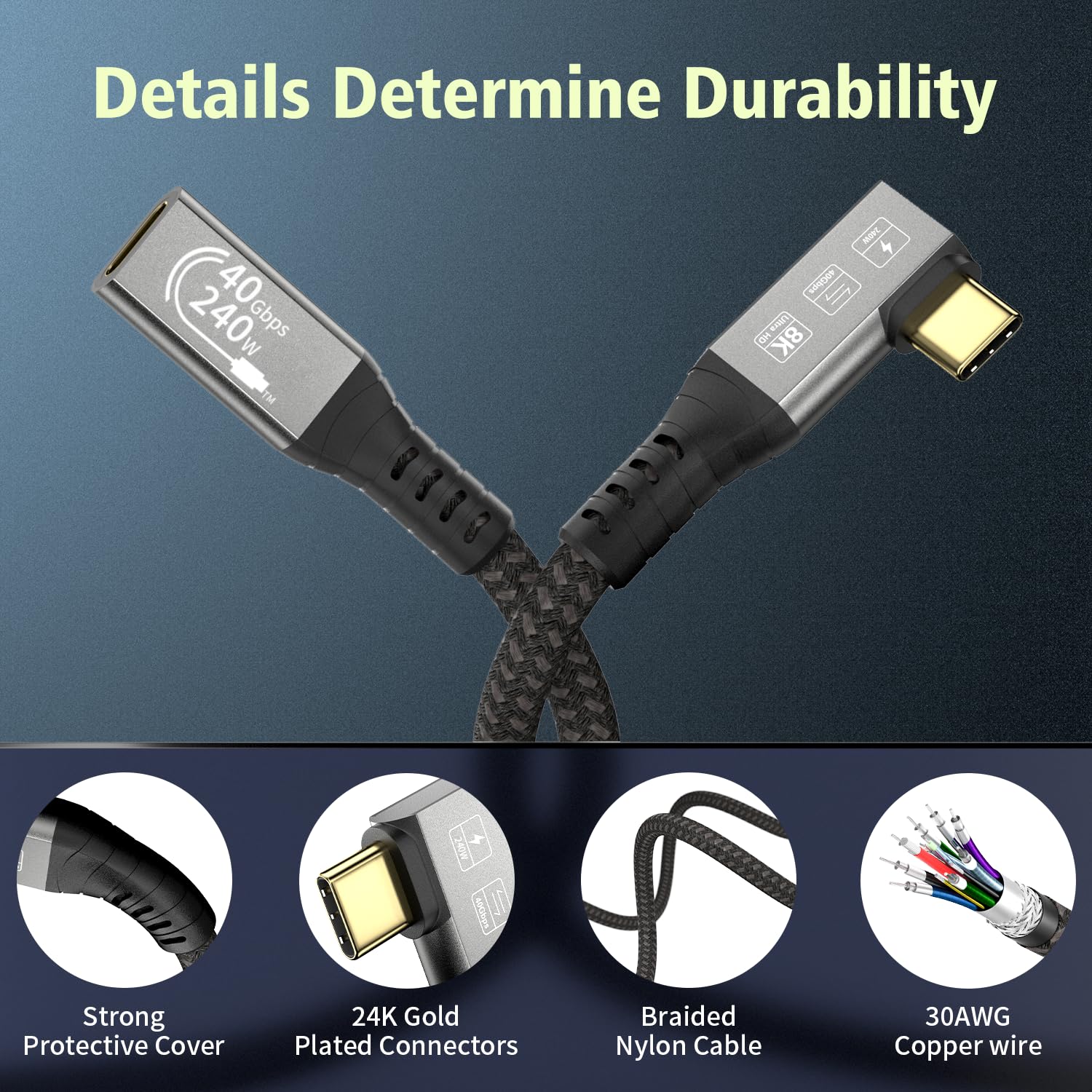Usb C 4 Extension Cable, With Thunderbolt 4 Cable, 240 W Charging Cable, 40 Gbps Data Cable, 8K @ 60Hz 4K, Pd3.1, Usb C Female Cable, For Hub, Dock Macbook, Ssd