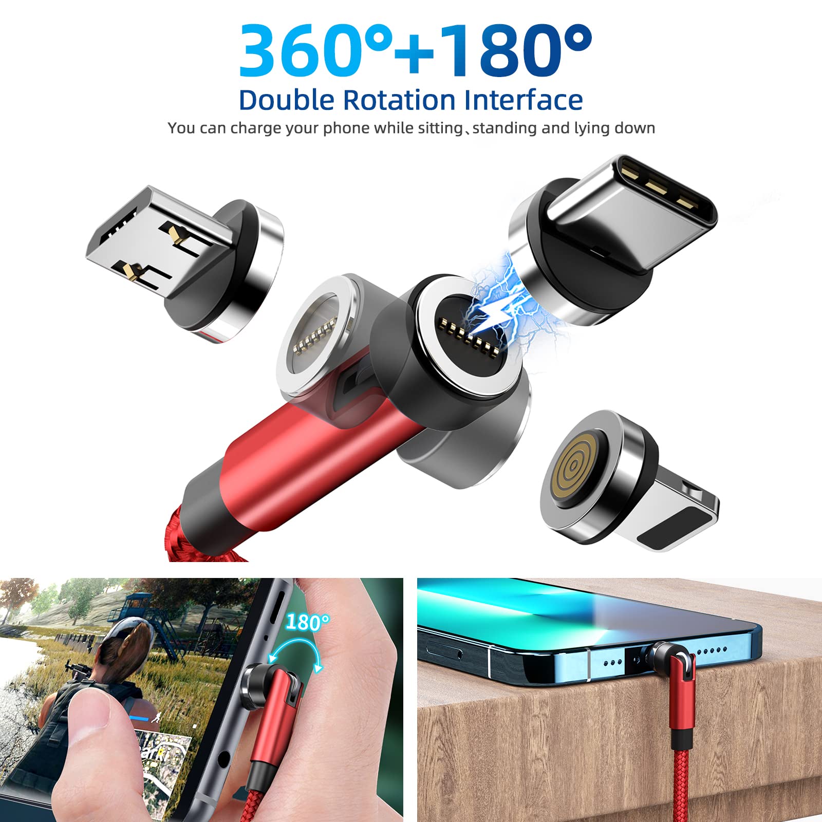 540 Rotation Magnetic Charging Cable, 3 In 1 Magnetic Phone Charger [4 Pack, 3Ft/3Ft/6Ft/10Ft] Magnetic 3A Fast Charging Cable &