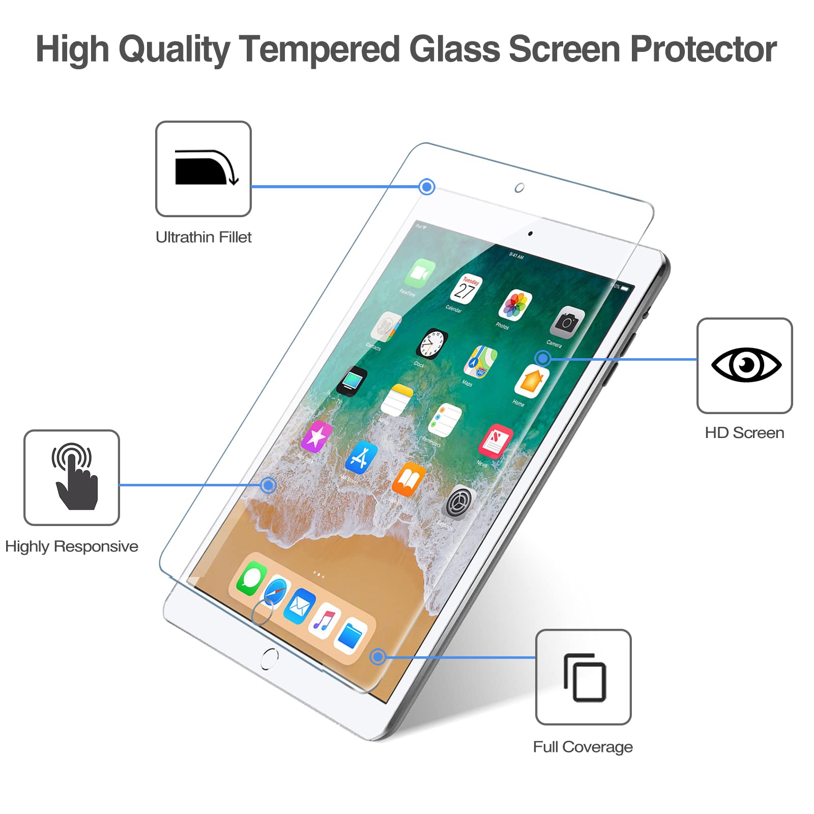 Procase 1 Pack Screen Protector For 9.7' Ipad 6Th 5Th / Ipad Pro 9.7 2016 / Ipad Air 2 / Ipad Air 1, Tempered Glass Film Guard For Ipad 6 5 2018 2017, Ipad Air 2Nd 1St 2014 2013