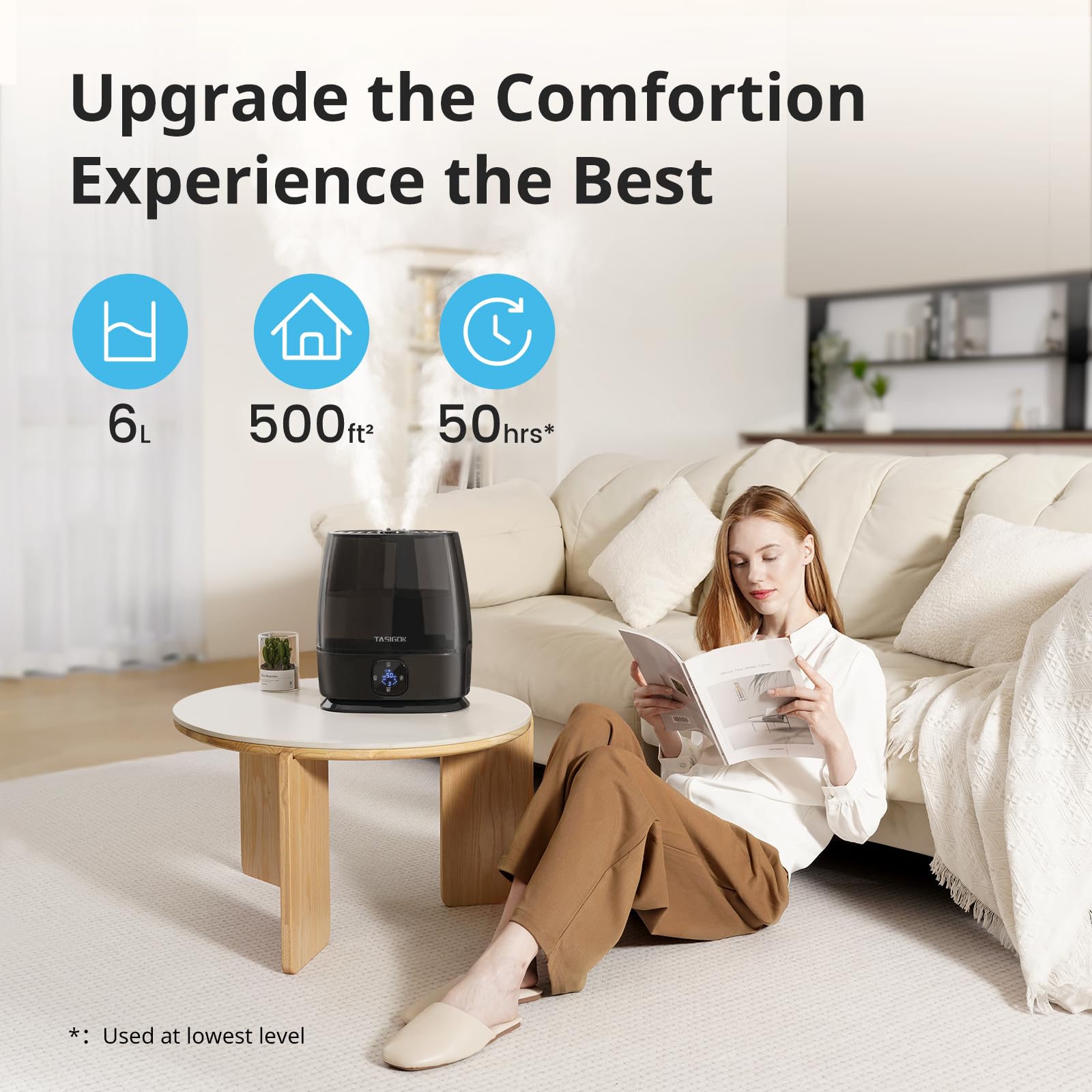 Tasigok Humidifiers For Bedroom Home, 6L Cool And Warm Mist Air Humidifier For Large Room Baby Nursery, 50H Easy Clean And Top F