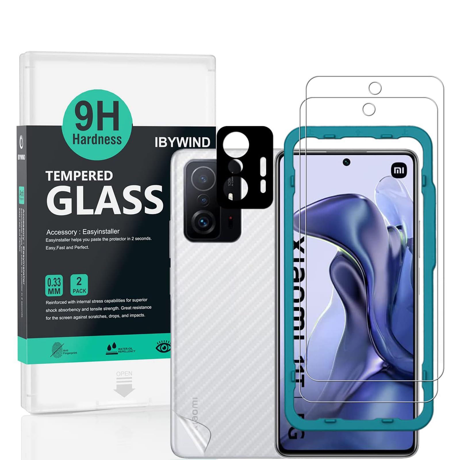 Ibywind Screen Protector For Xiaomi 11T/11T Pro(5G),With 2Pcs Tempered Glass,1Pc Camera Lens Protector,1Pc Backing Carbon Fiber 