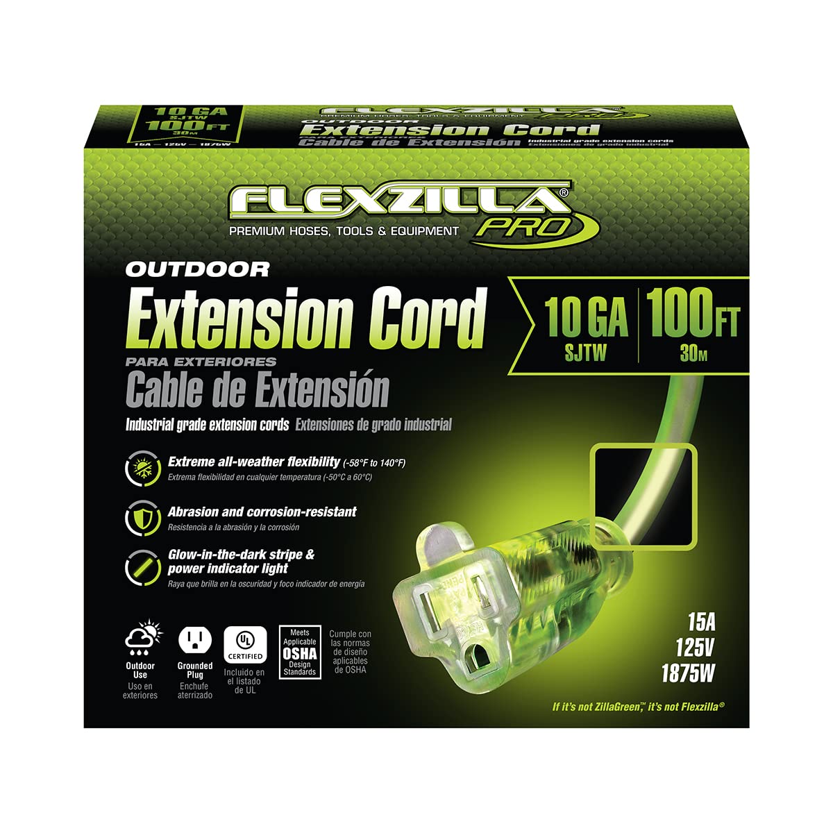 Flexzilla Pro Extension Cord, 10/3 Awg Sjtw, 100 Ft., Lighted Plug, Indoor/Outdoor, Zillagreen - Fz512935