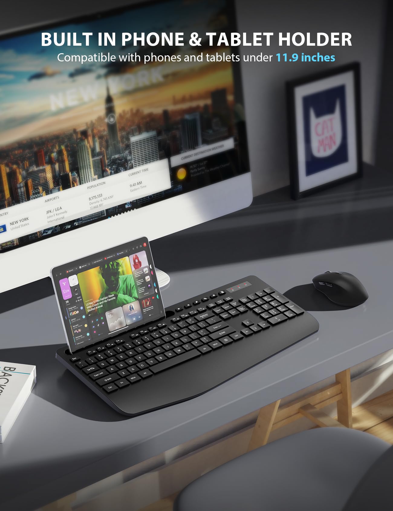 Wireless Keyboard And Mouse Combo   Full Sized Ergonomic Keyboard With Wrist Rest, Phone Holder, Sleep Mode, Silent 2.4Ghz Cordless Keyboard Mouse Combo For Computer, Laptop, Pc, Mac, Windows  Trueque