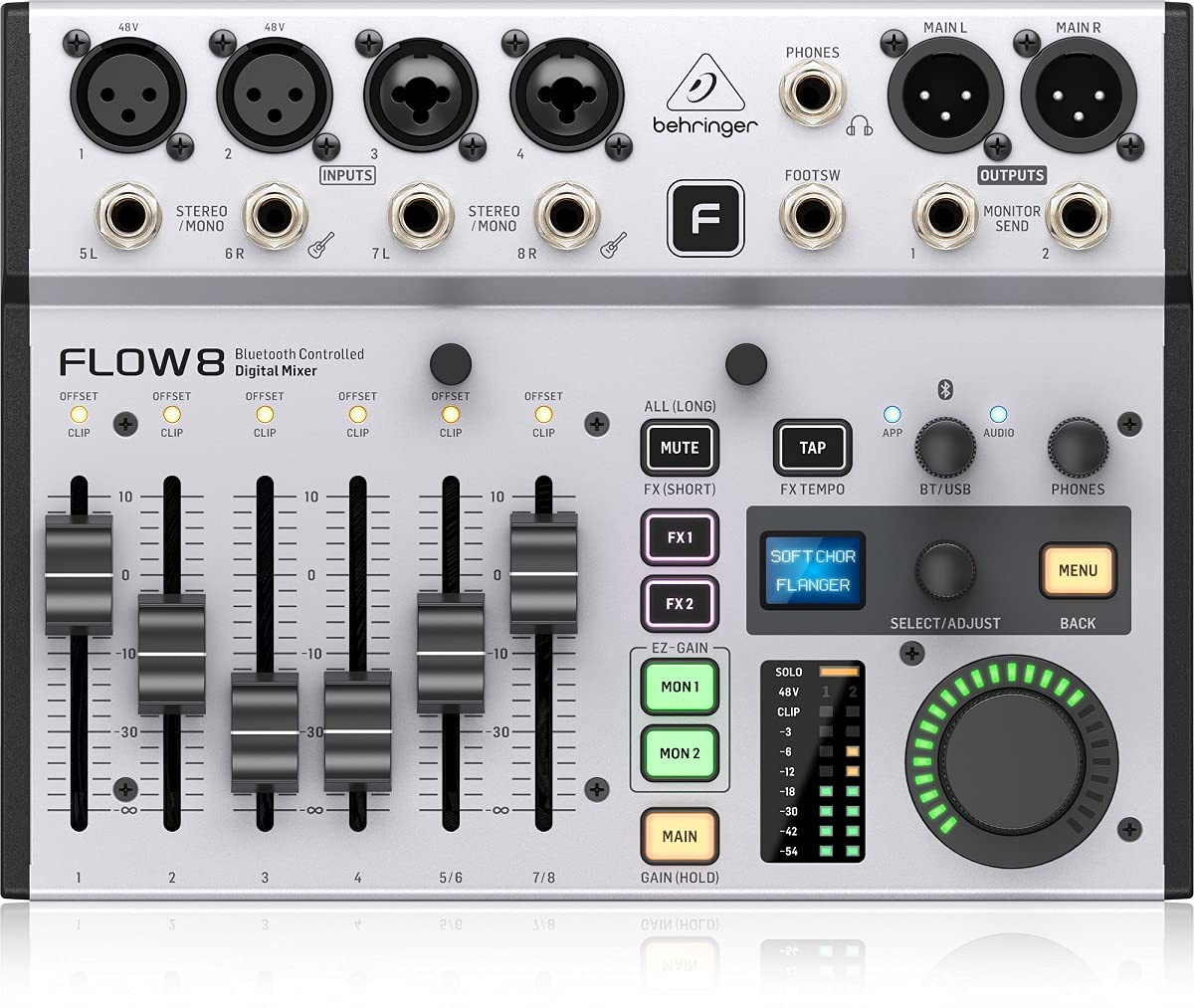 Behringer Flow 8 8-Input Digital Mixer With Bluetooth Audio And App Control, 60 Mm Channel Faders, 2 Fx Processors And Usb/Audio