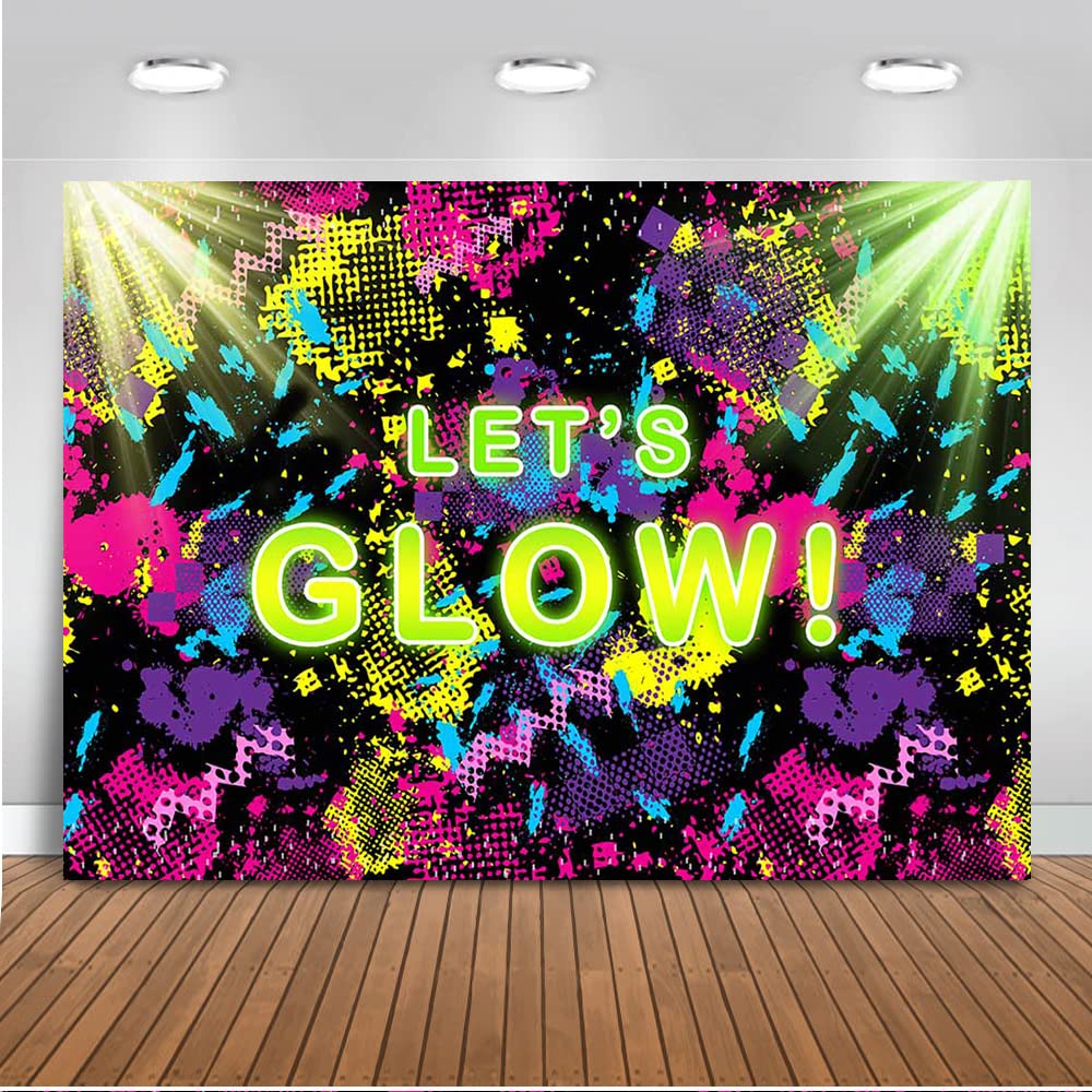 Mocsicka Let'S Glow Backdrop 7X5Ft Glow Neon Party Splatter Background Glow Theme Birthday Party Backdrop Neon Party Supplies Background Party Decoration