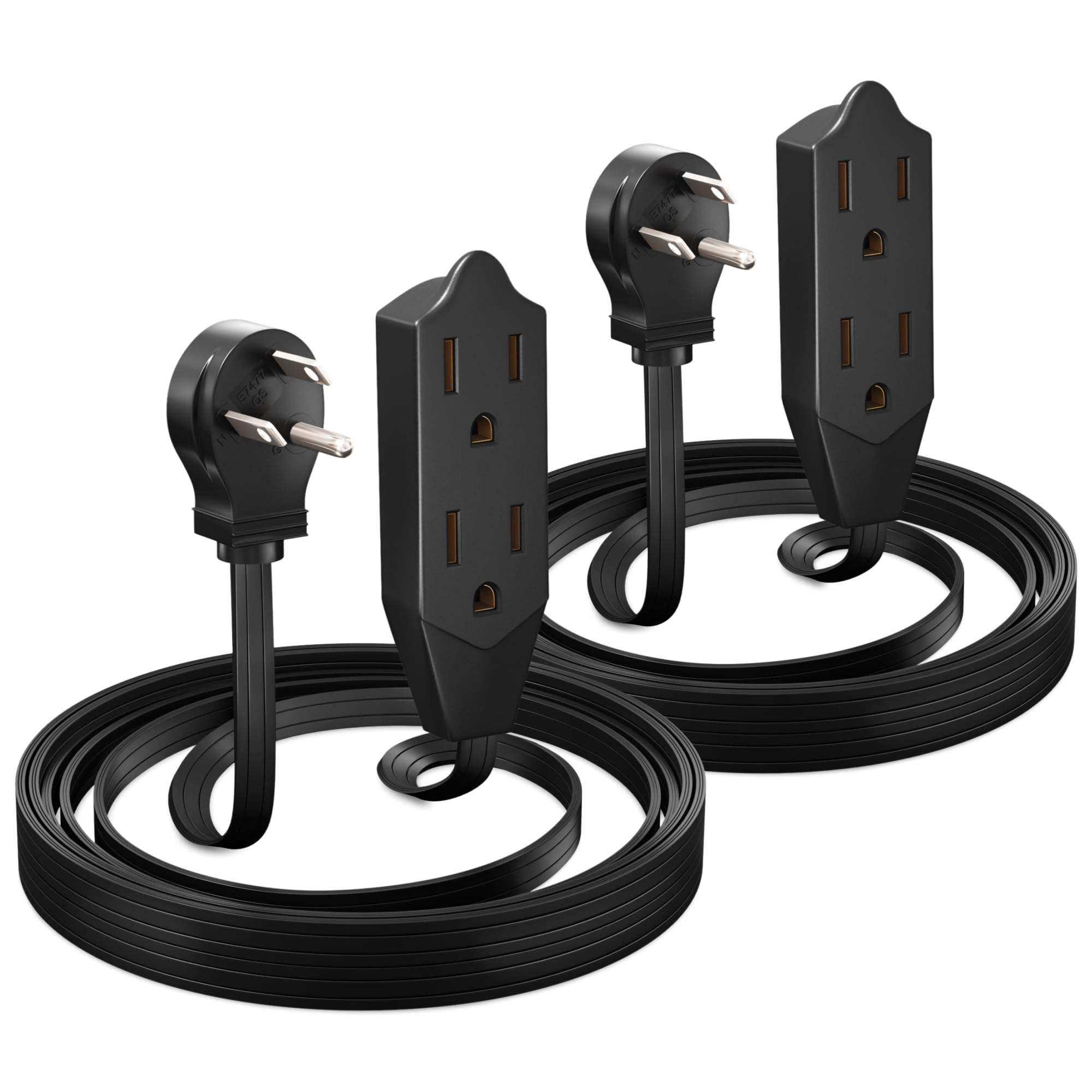 Maximm Cable 6 Feet Flat Plug Extension Cord/Wire, Multi Outlet   3 Prong Angled Plug Extension Cord   Black Ul Certified (2 Pac
