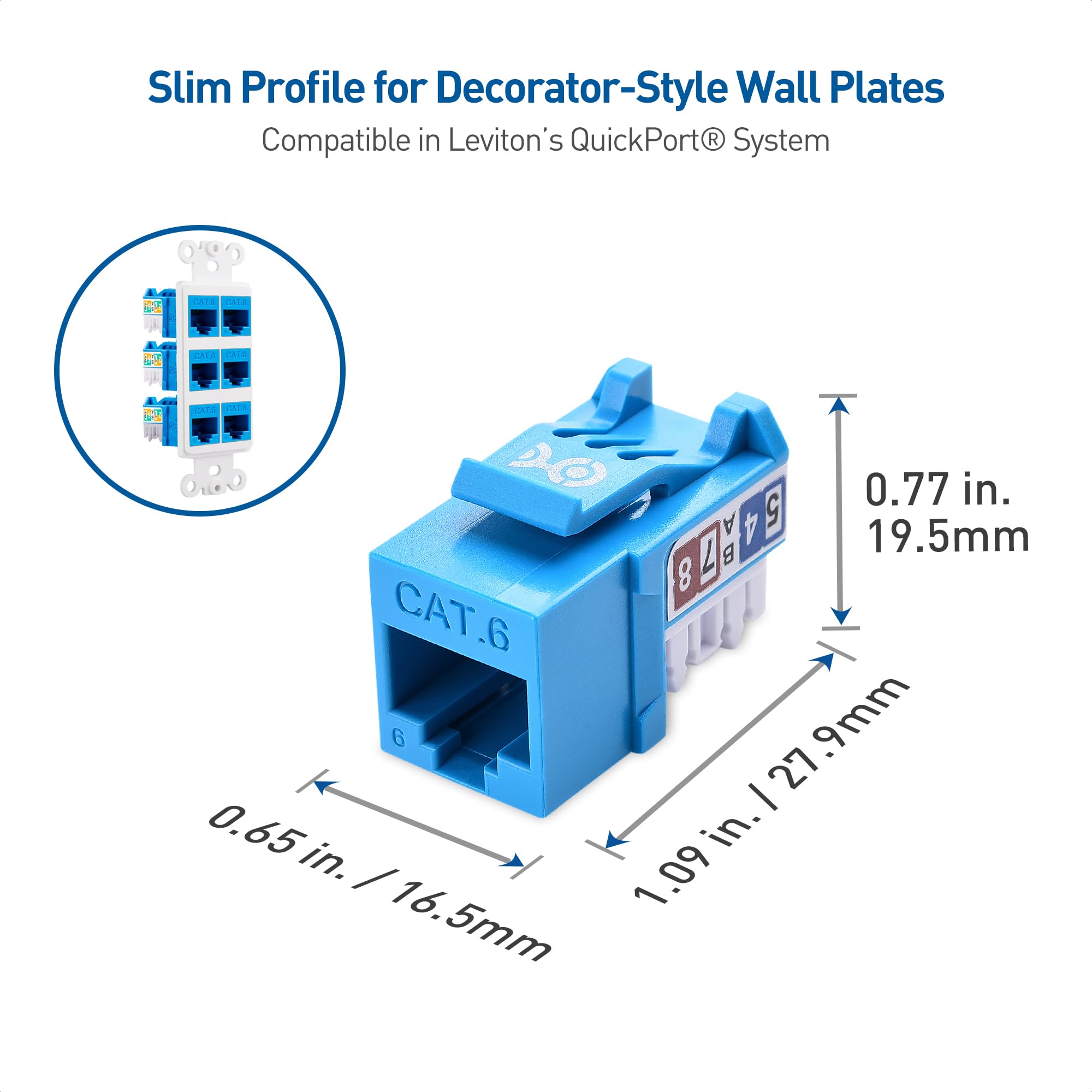 Cable Matters [UL Listed] 25 Pack 10Gbps Rapid Install Cat6 Keystone Jacks, Slim Profile Ethernet Keystone Jack, RJ45 Keystone Jack with Punch Down Stand, Blue (Model 180070)