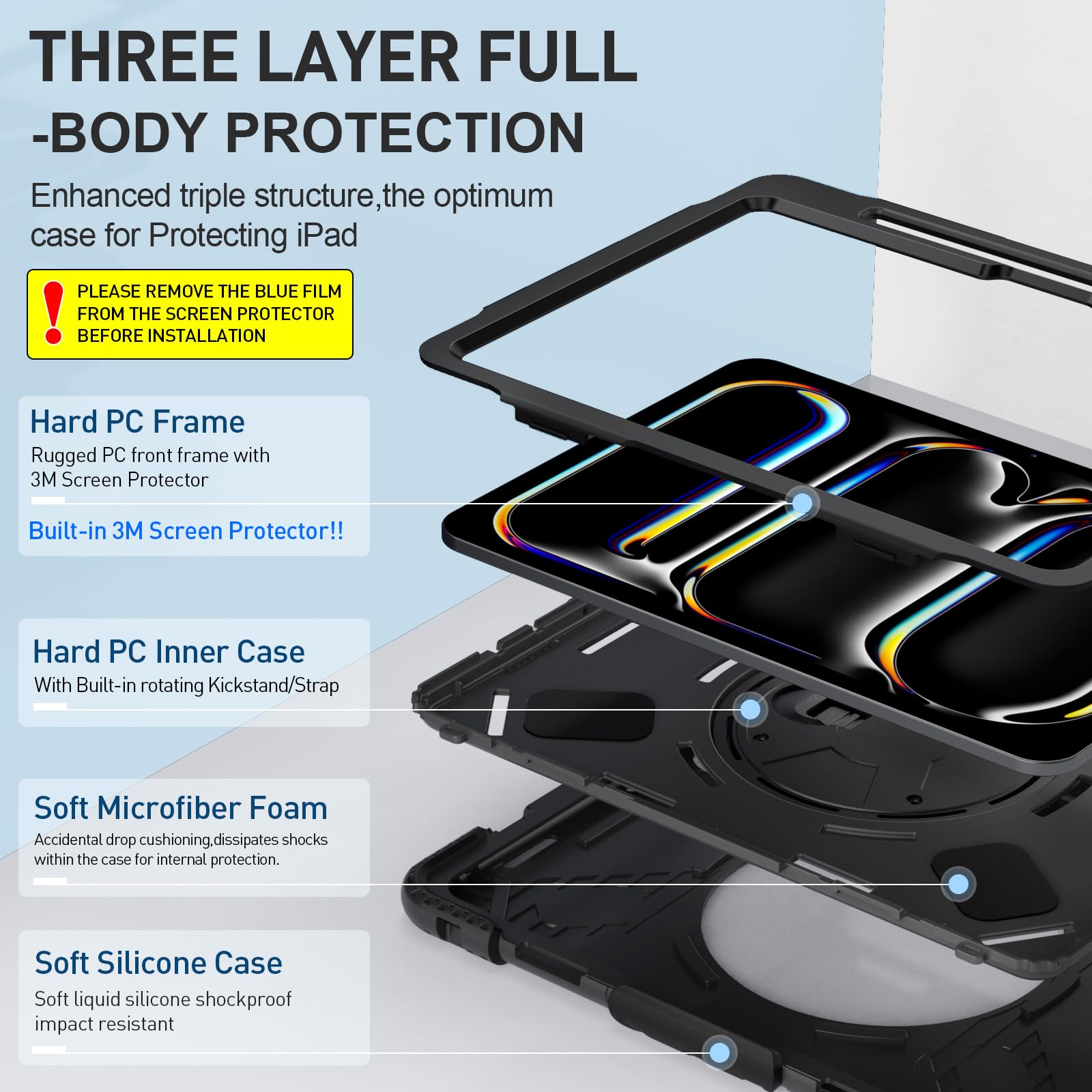 Supfives Case For Ipad Pro 13 Inch 2024 (7Th Gen), With Screen Protector/Shoulder Strap/Pencil Holder/Handle/Rotating Stand, Bla