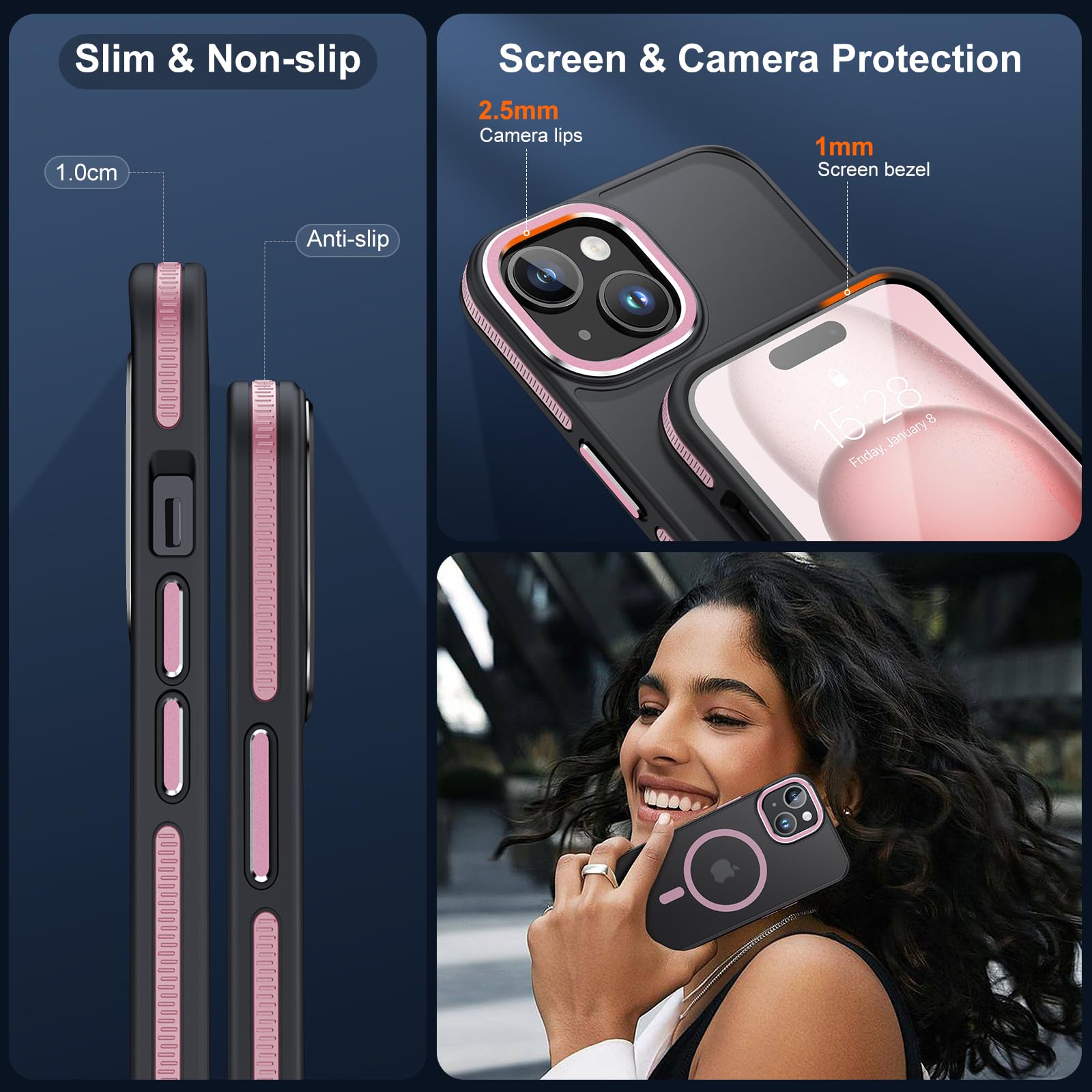 Jame For Iphone 15 Case, Iphone 15 Phone Case With 2 Glass Screen Protectors, [Compatible With Magsafe], [Military Grade Protect