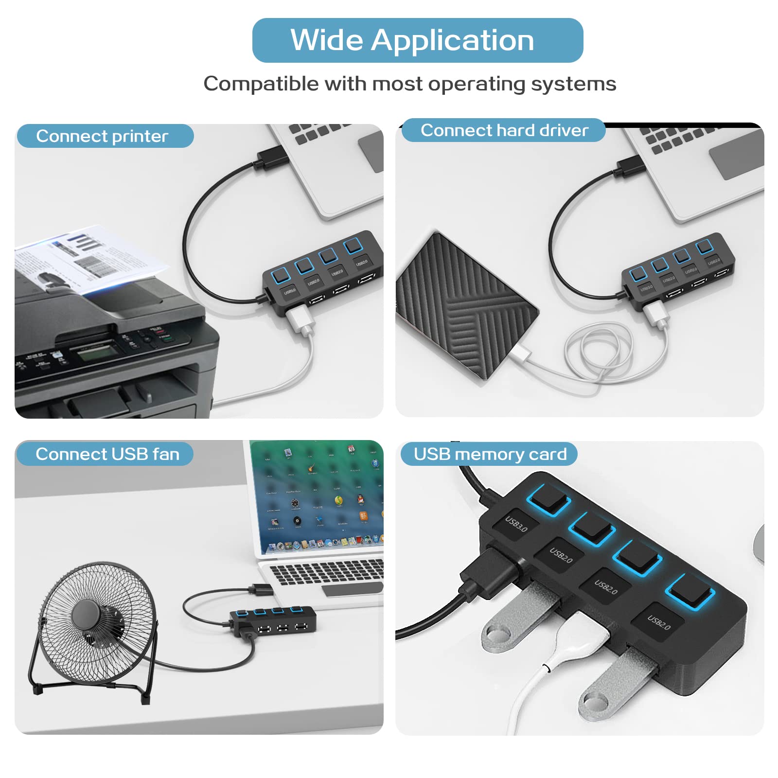 Usb 3.0 Hub,4 Port Mini Usb Hub 3.0,2.0 Hub With Individual Led Power Switches,Usb Expander For Laptop,Pc,Macbook,Flash Drive,Console, Printer,Camera,Keyborad,Mouse,And More Usb Devices