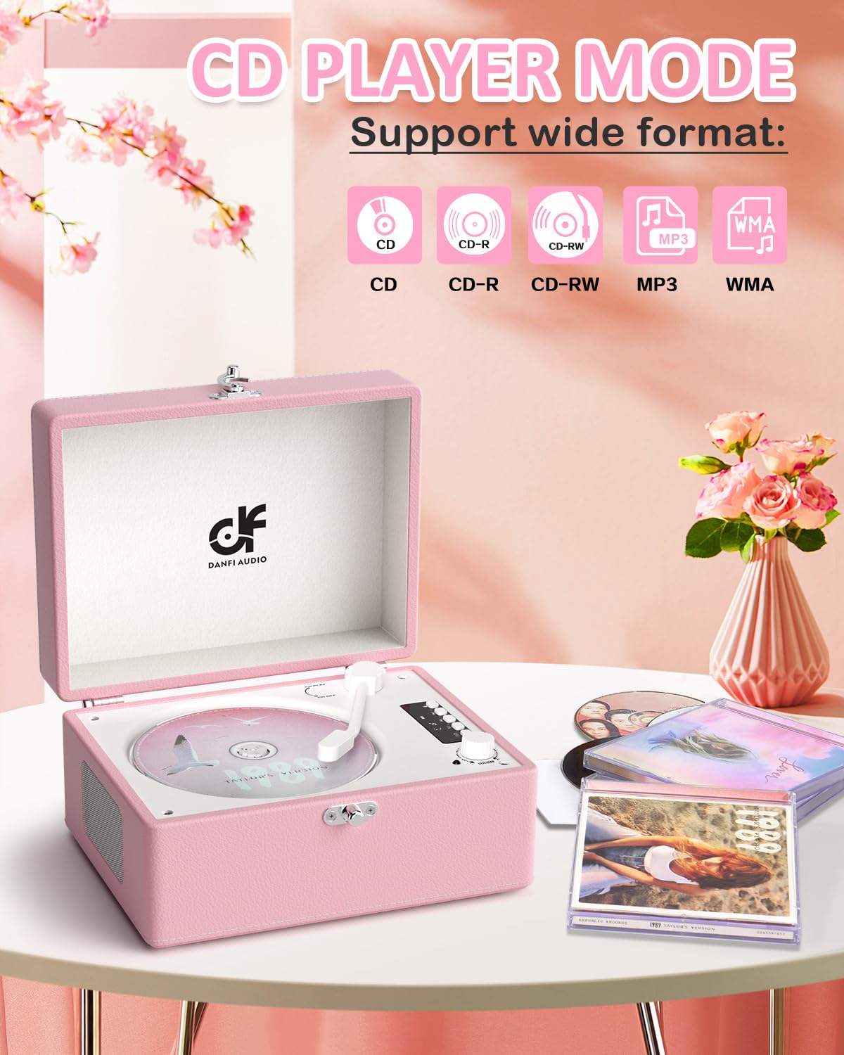 DANFI AUDIO DF CD Player Retro Bluetooth Portable Boombox - Light Pink, Small, Rechargeable, LED Screen, Model CD-001