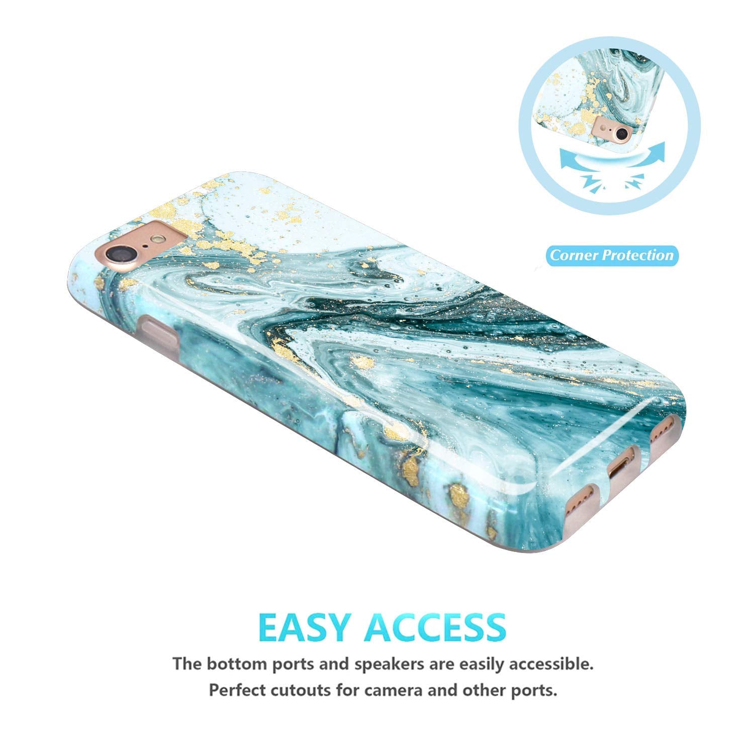 JIAXIUFEN iPhone SE 2022 2020 6 6s 7 8 Case Gold Glitter Blue Marble TPU Slim Shockproof Flexible Cover